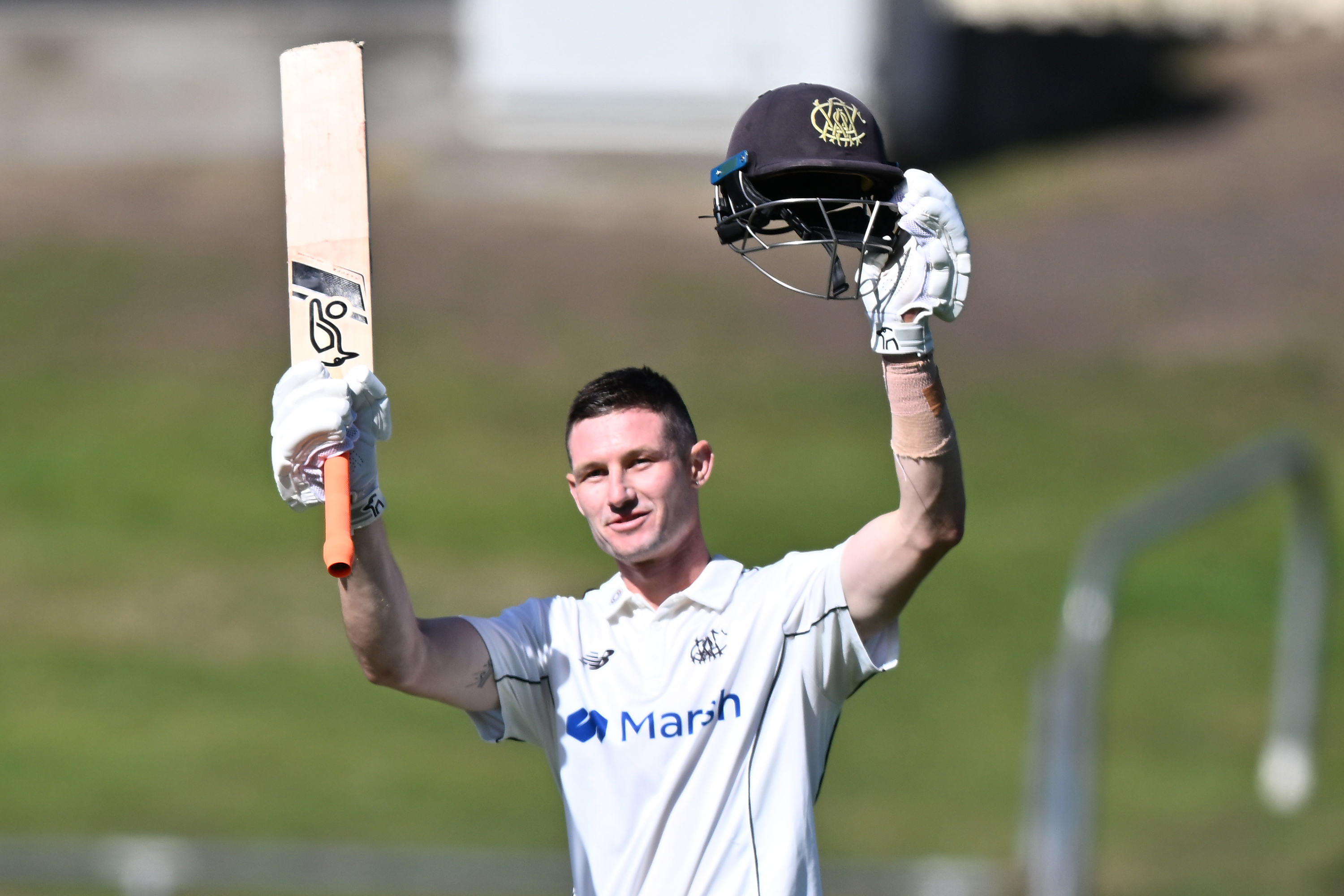 Cameron Bancroft of Western Australia celebrates scoring a century during the Sheffield Shield match between Tasmania and Western Australia at Blundstone Arena, on February 19, 2024, in Hobart, Australia. (Photo by Steve Bell/Getty Images)
