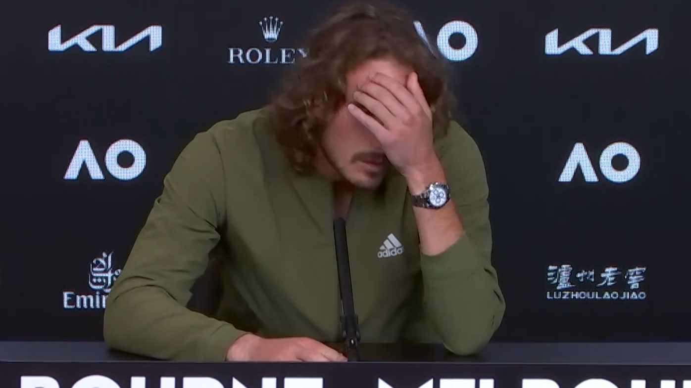 Stefanos Tsitsipas casts a downtrodden figure after crashing out of the Australian Open. (Nine)