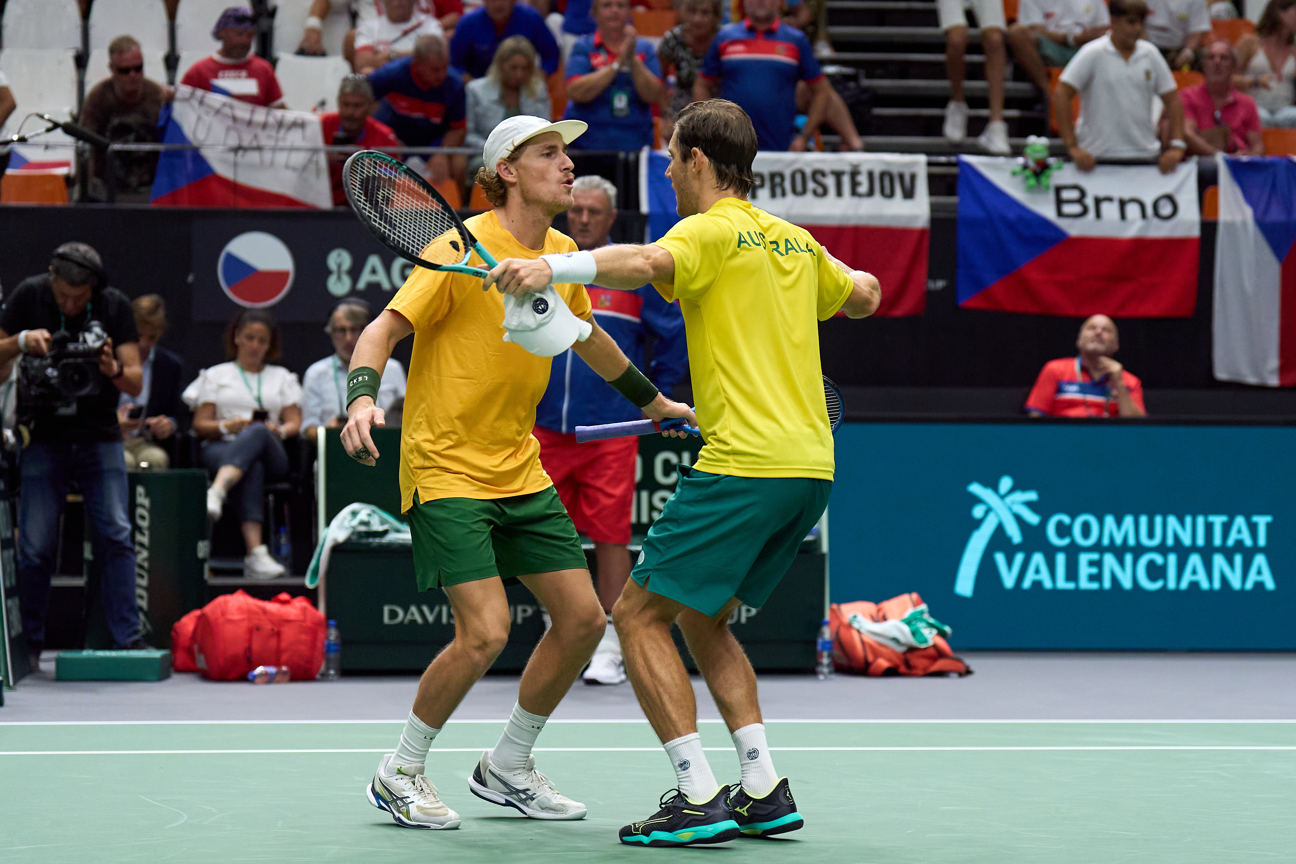 Matthew Ebden and Max Purcell of Australia celebrate victory against Adam Pavlasek and Jakub Mensik of Czechia during the 2024 Davis Cup Finals Group Stage doubles match between Australia and Czechia at Pabellon Fuente De San Luis on September 12, 2024 in Valencia, Spain. (Photo by Angel Martinez/Getty Images for ITF)