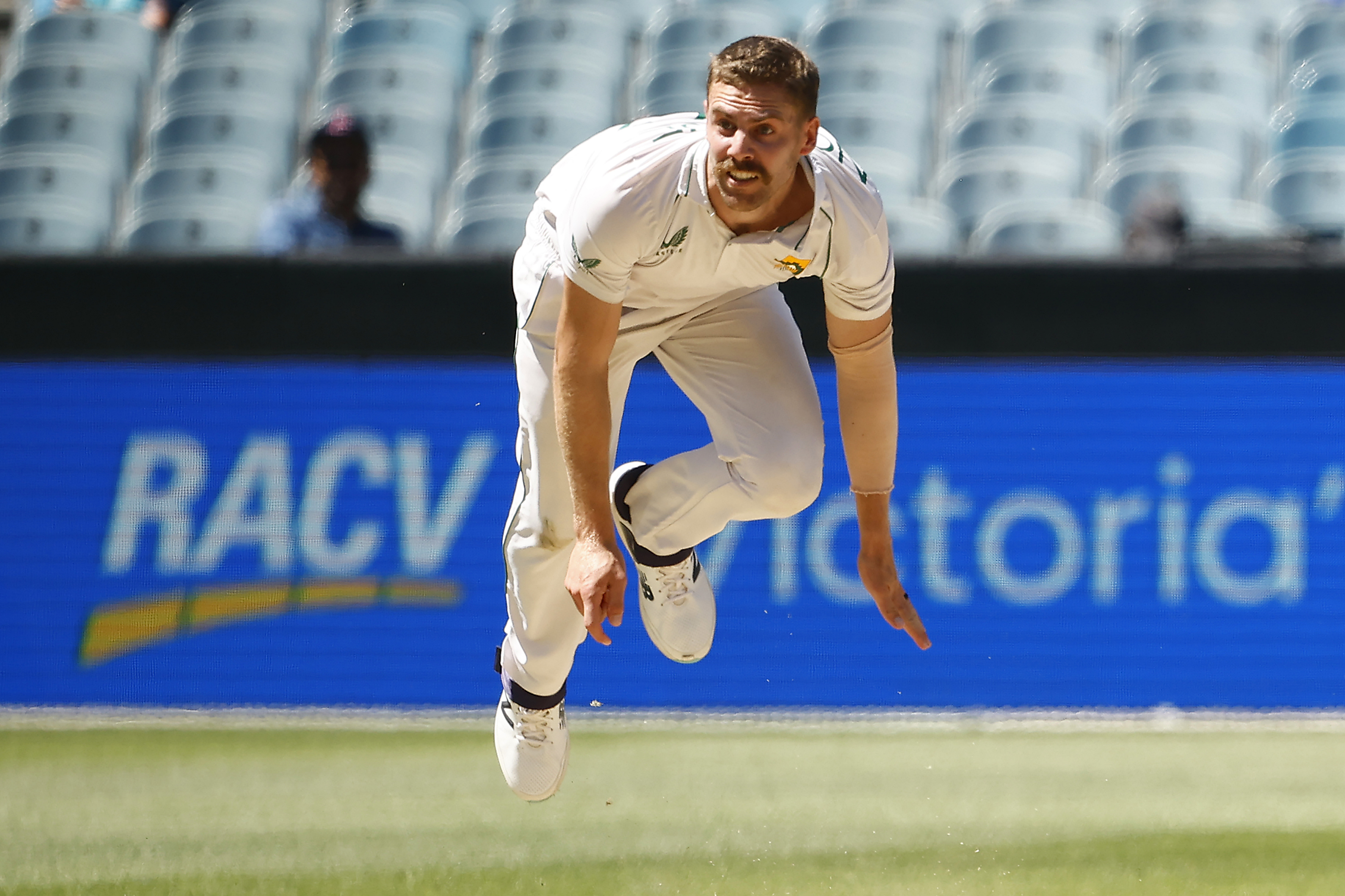 MELBOURNE, AUSTRALIA - DECEMBER 27: Anrich Nortje of South Africa bowls during day two of the Second Test match in the series between Australia and South Africa at Melbourne Cricket Ground on December 27, 2022 in Melbourne, Australia. (Photo by Darrian Traynor/Getty Images)