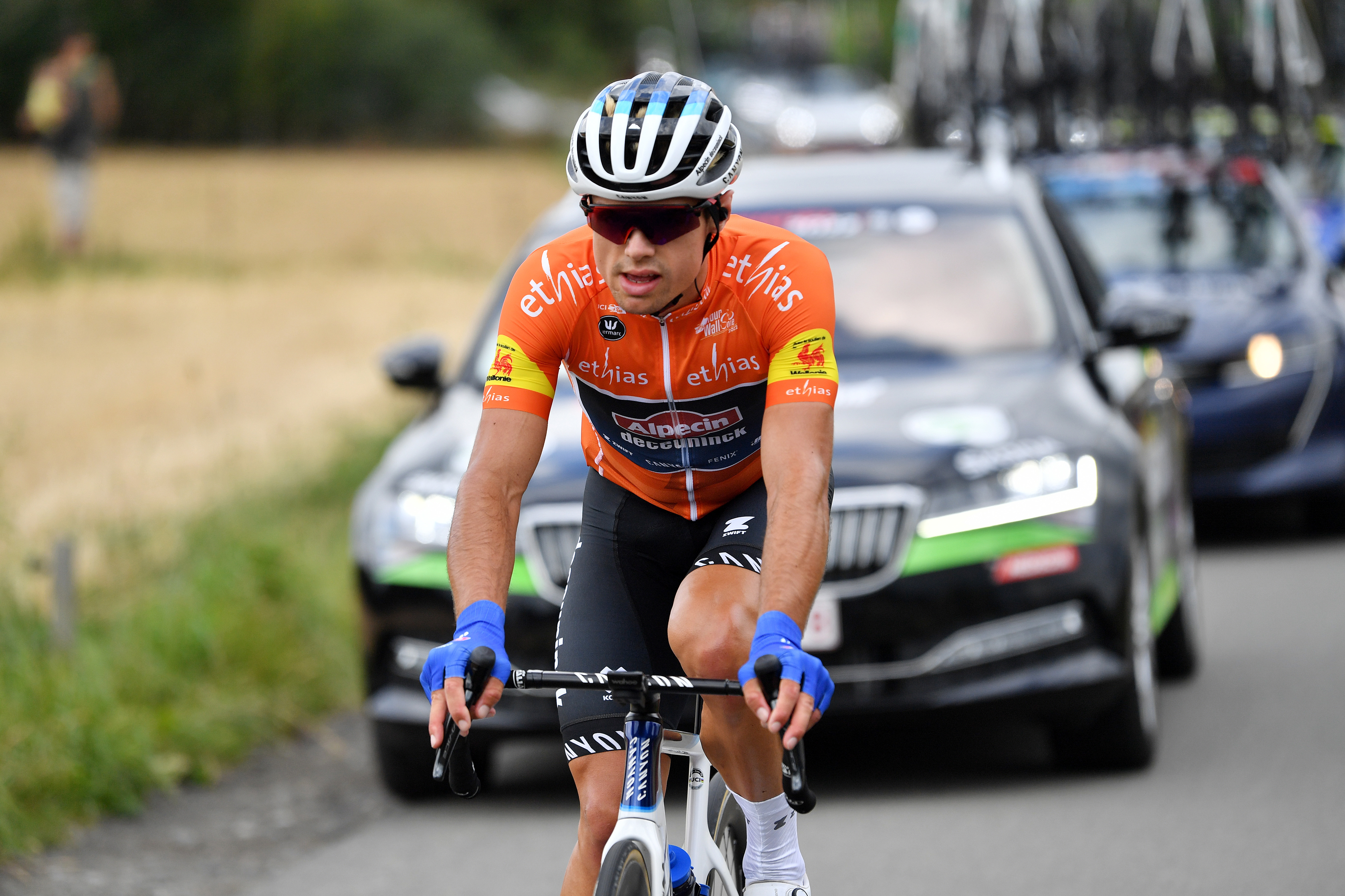 COUVIN, BELGIUM - JULY 26: Robert Stannard of Australia and Team Alpecin-Deceuninck Orange Leader Jersey competes during the 43rd Ethias - Tour de Wallonie 2022 - Stage 4 a 200,8km stage from Durbuy  to Couvin/ #ethiastourdewallonie22 / on July 26, 2022 in Couvin, Belgium. (Photo by Luc Claessen/Getty Images)