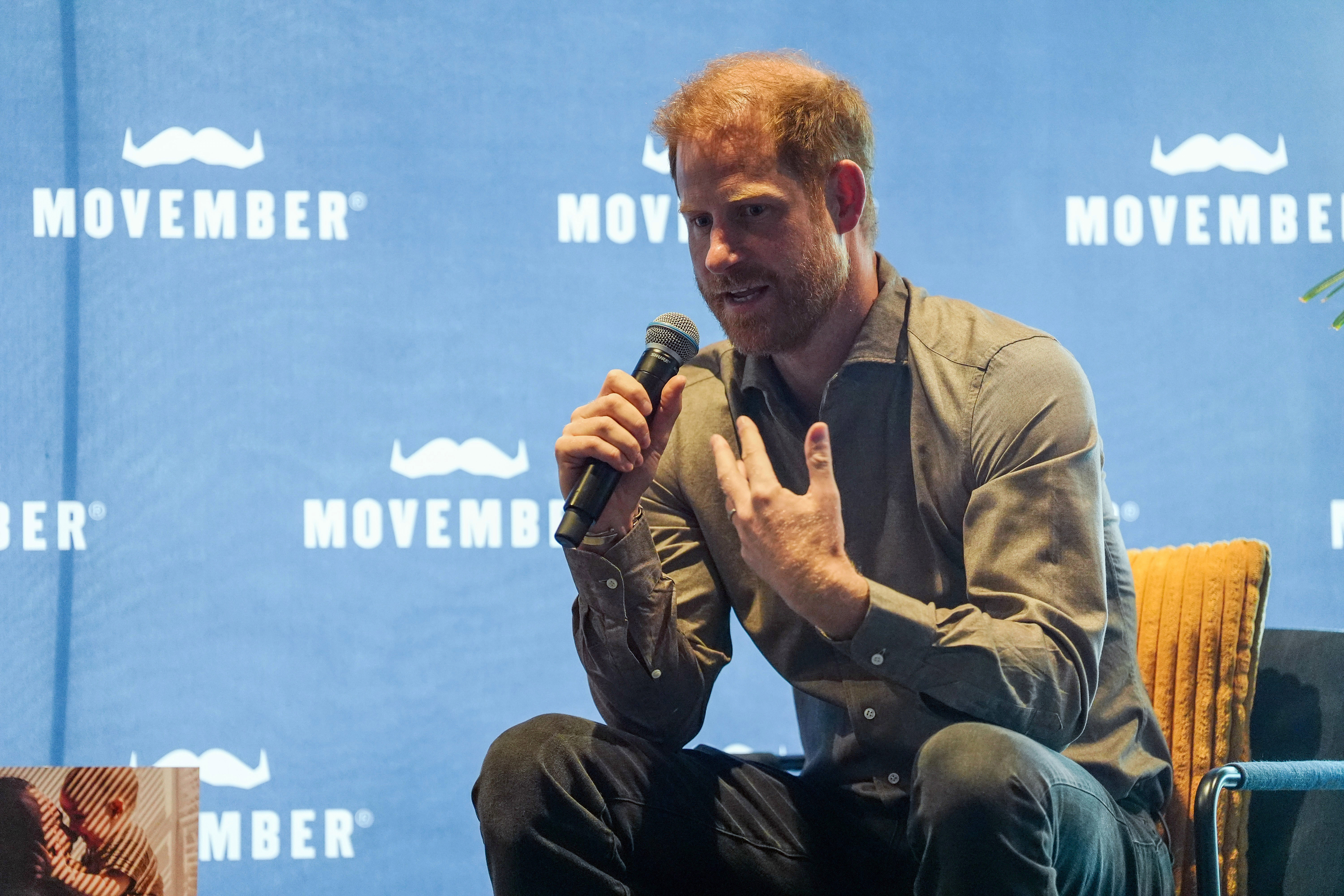 Prince Harry, the Duke of Sussex, takes part in a Q&A session during a visit to Movember at the Western Bulldogs HQ at Mission Whitten Oval in Footscray, a suburb of Melbourne, Australia Wednesday, April 15, 2026. (Jonathan Brady/Pool Photo via AP)