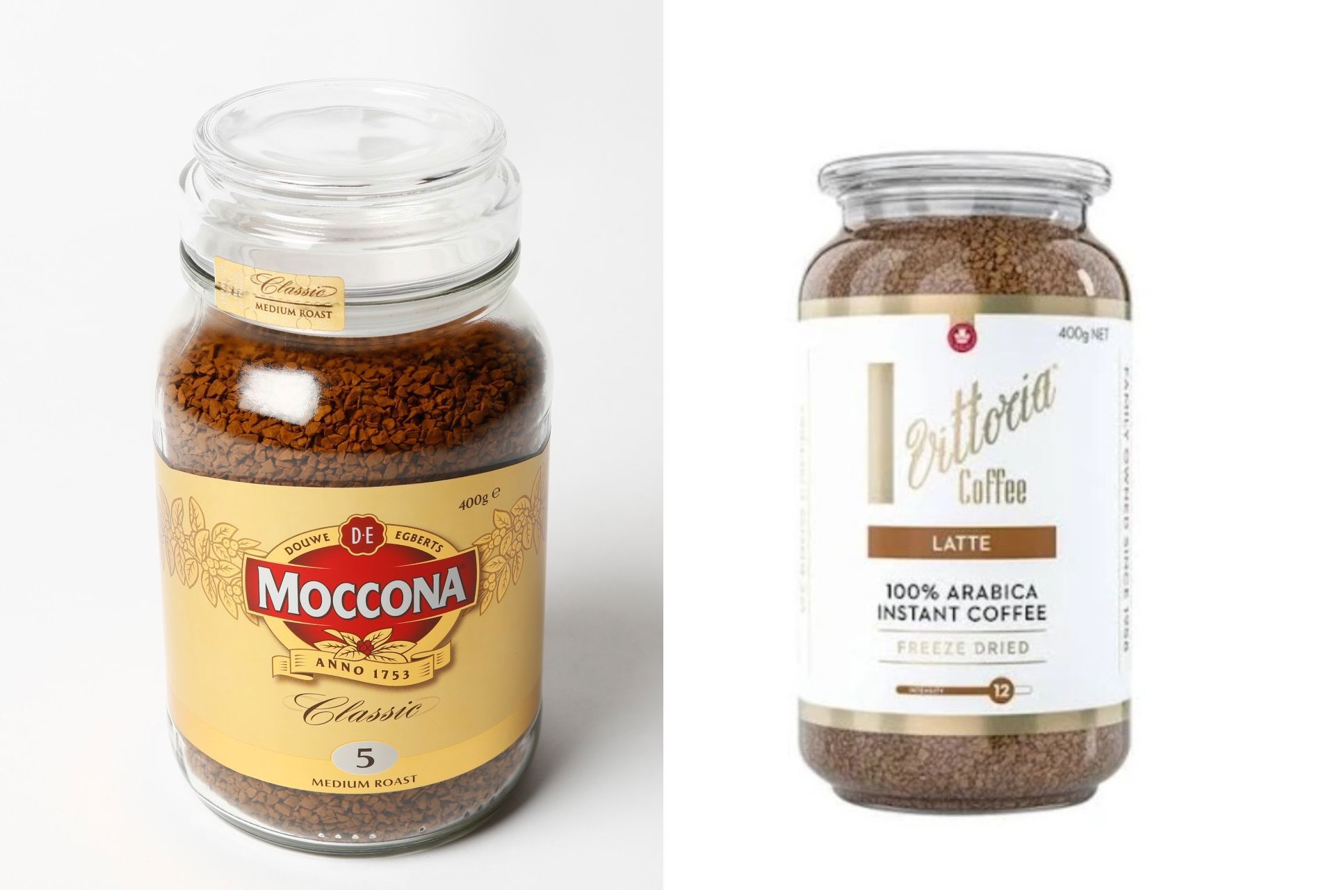 Vittoria vs Moccona freeze dried coffee jars