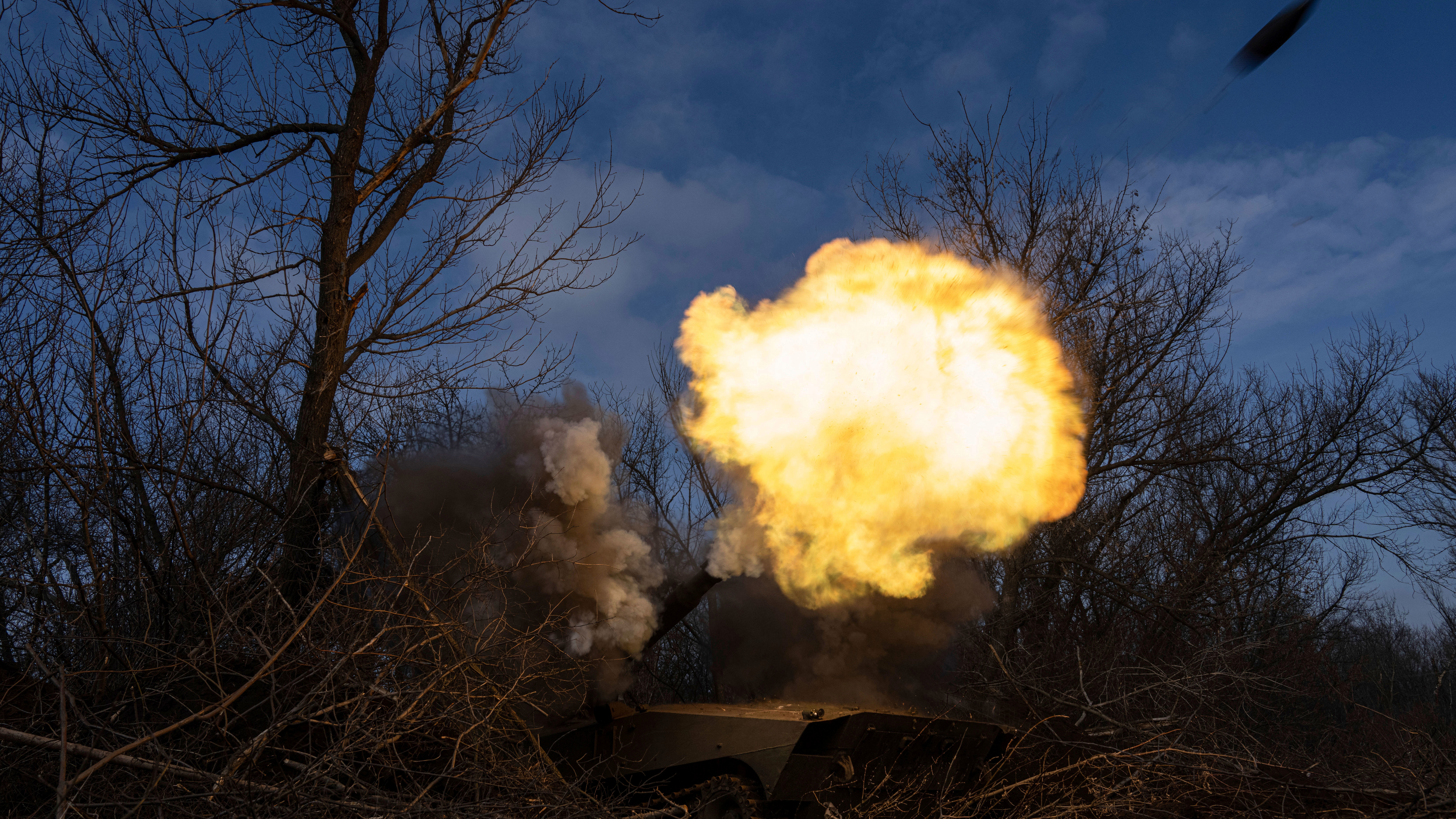 Ukrainian self propelled howitzer 2s1 of 80 Air Assault brigade fires towards Russian forces at the frontline near Bakhmut, Ukraine.