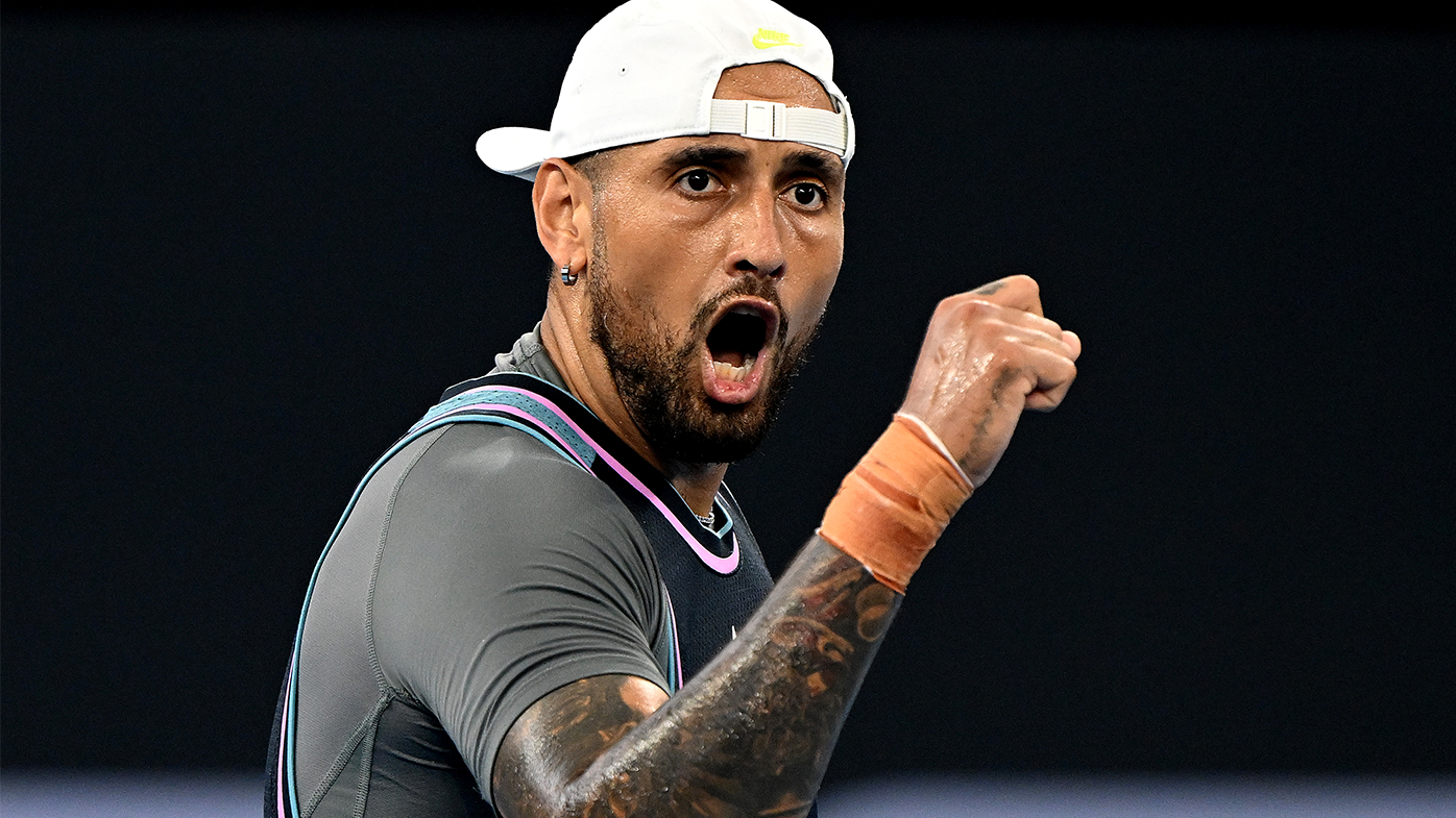 Nick Kyrgios celebrates after winning a point in his match against Giovanni Mpetshi Perricard at the 2025 Brisbane International.