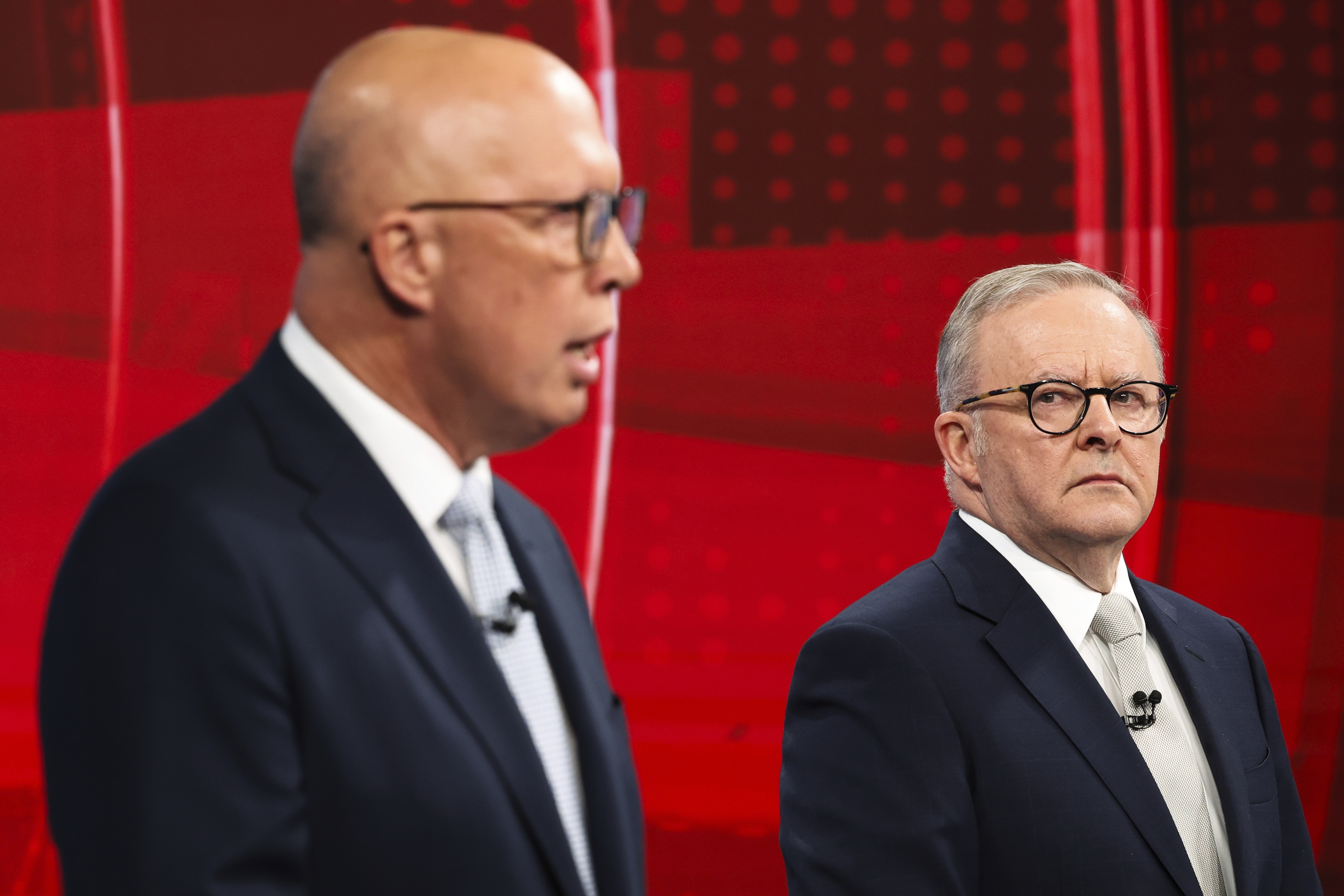 Opposition Leader Peter Dutton and Prime Minister Anthony Albanese during the third leaders' debate, The Great Debate hosted by Nine, during the 2025 federal election campaign