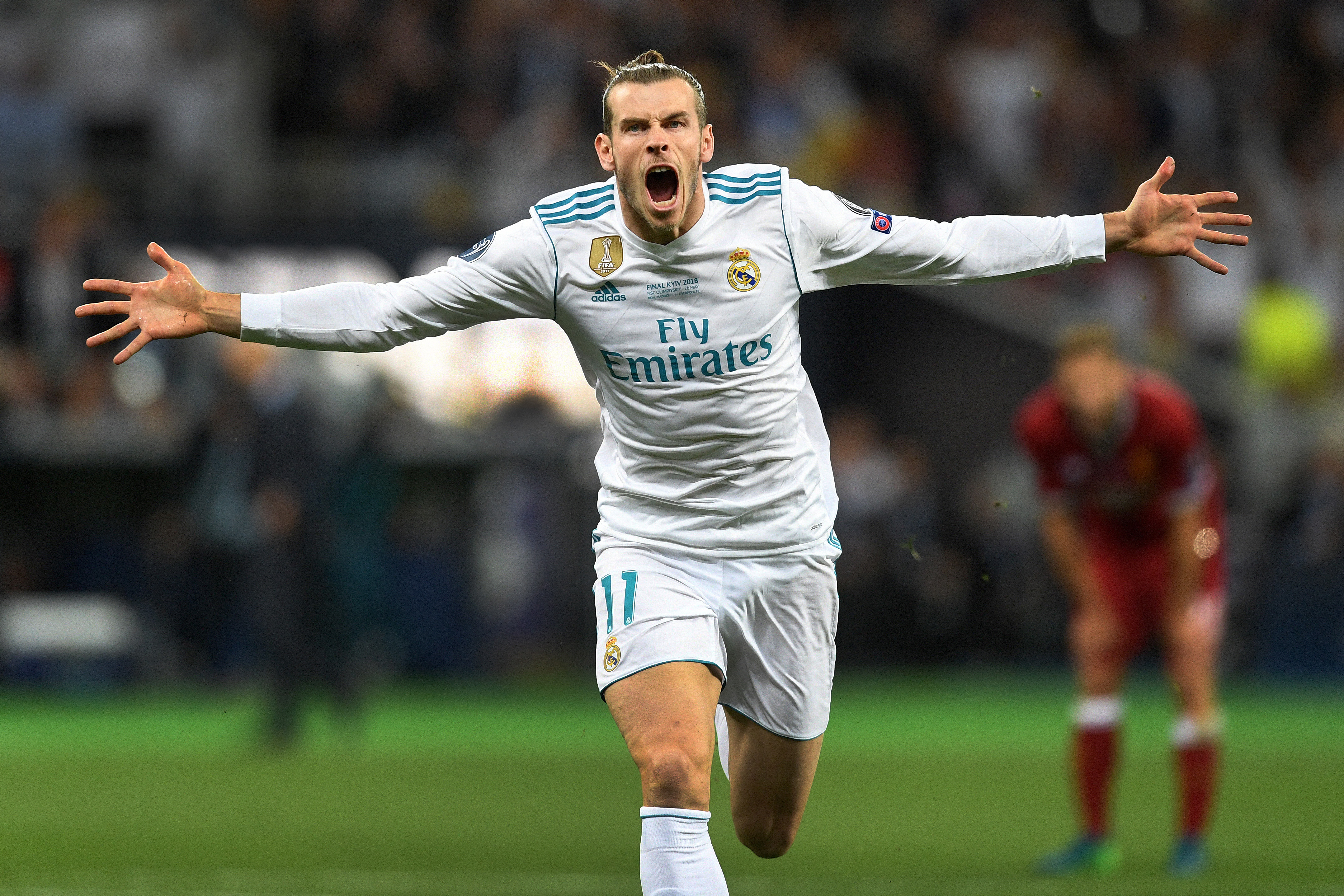 Gareth Bale of Real Madrid celebrates scoring in the 2018 Champions League final.