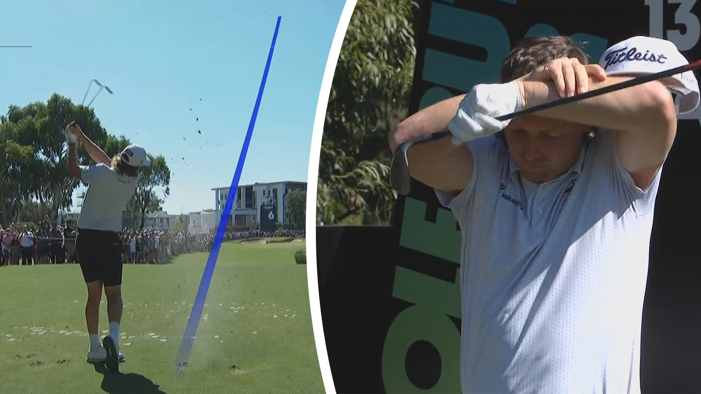 Cameron Smith suffered an unlucky break when he hit the flag with his tee-shot on the par-3 sixth hole, his third hole of the day at the LIV Golf event in Adelaide.