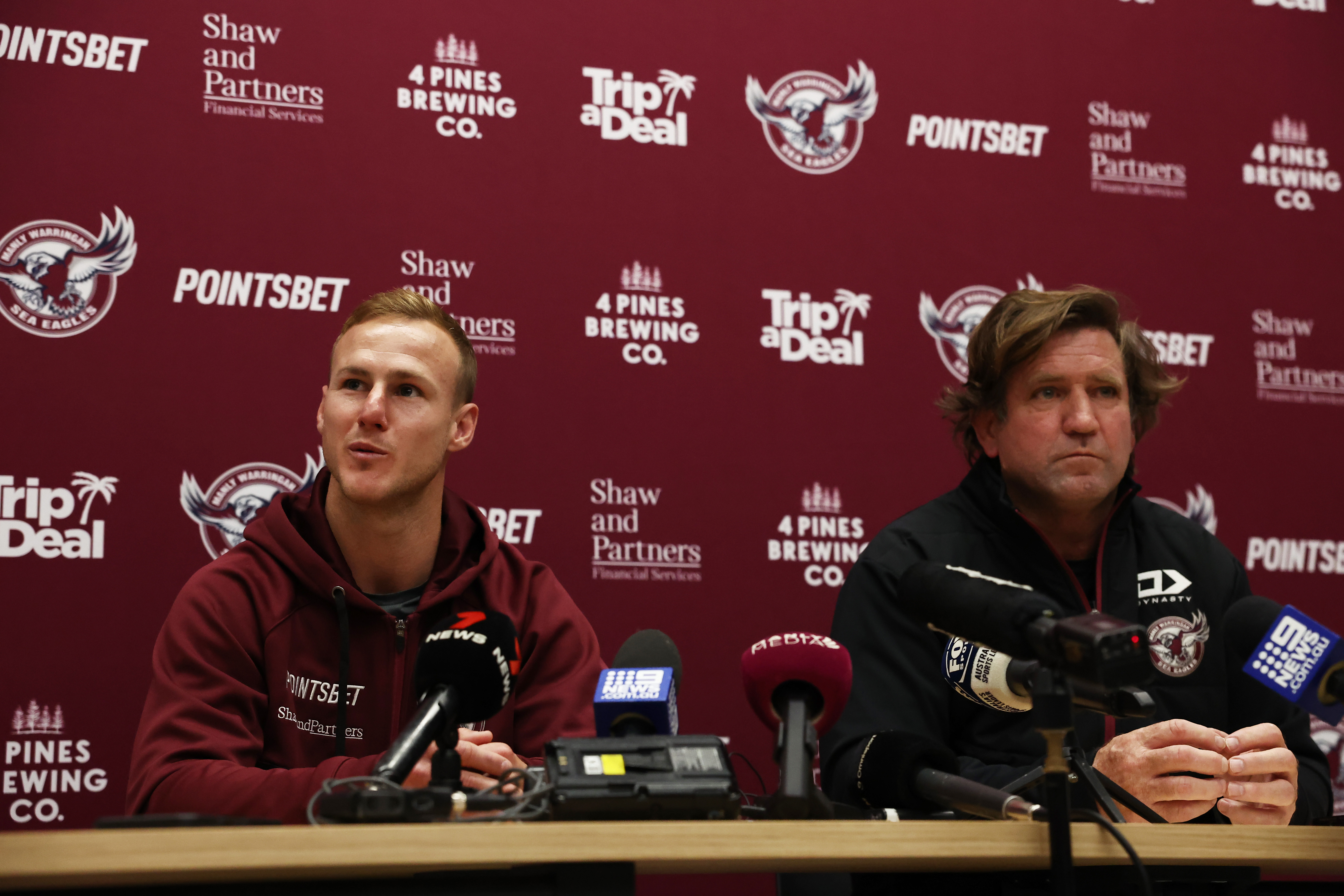 Daly Cherry-Evans of the Sea Eagles and coach Des Hasler speak to the media about the pride jersey saga.