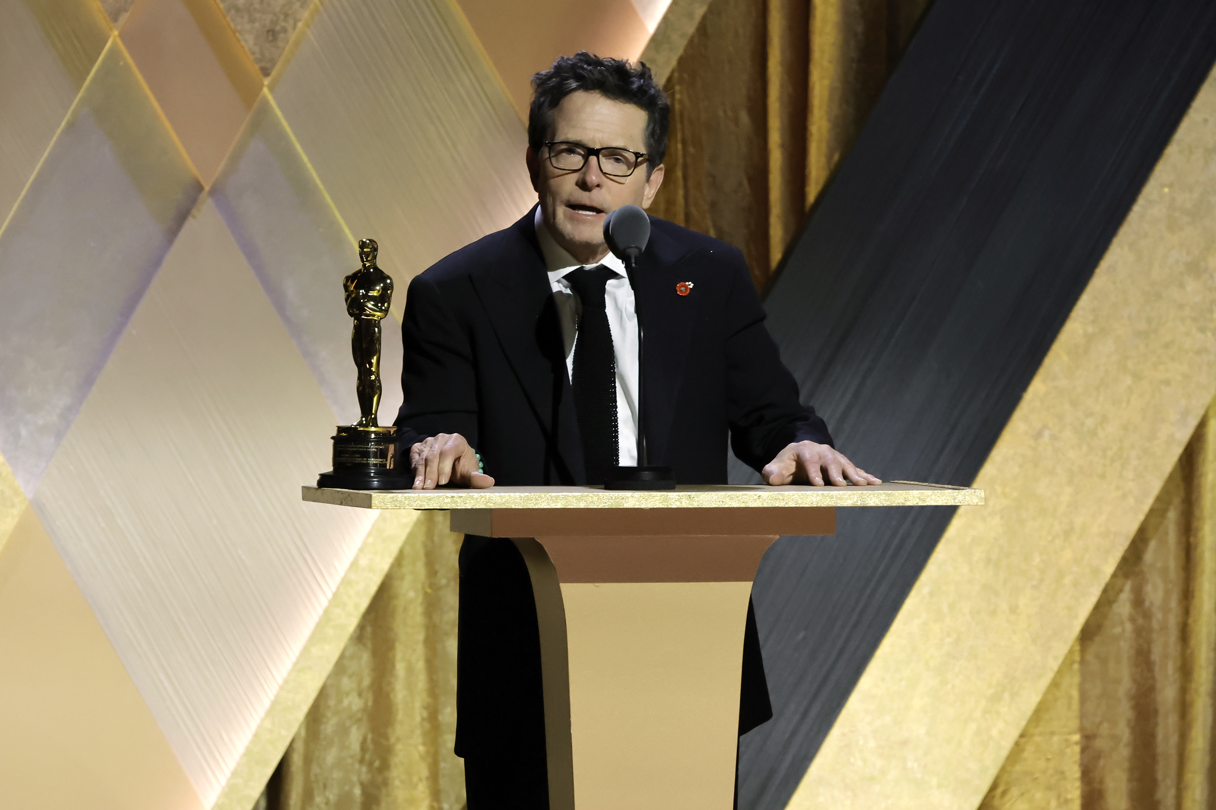 Michael J. Fox accepts the Jean Hersholt Humanitarian Award during the Academy of Motion Picture Arts and Sciences 13th Governors Awards at Fairmont Century Plaza on November 19, 2022 in Los Angeles, California.