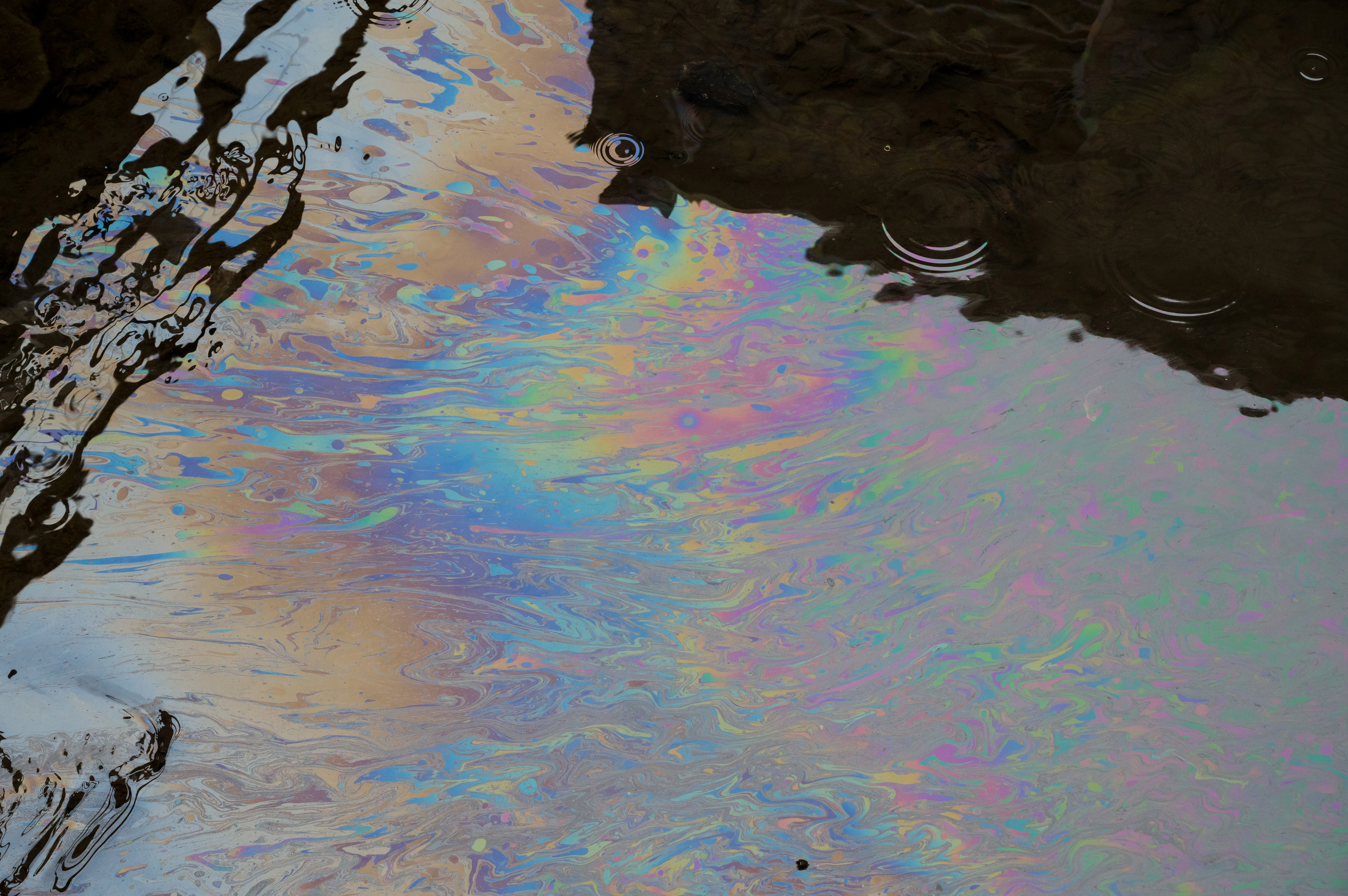 A chemical sheen on the surface of Sulphur Run downstream from the derailment site in East Palestine, OH on Monday, February 20, 2023. Cleanup continues in the small town of East Palestine in northeastern Ohio, the site of a train derailment that occurred on February 4, 2023.