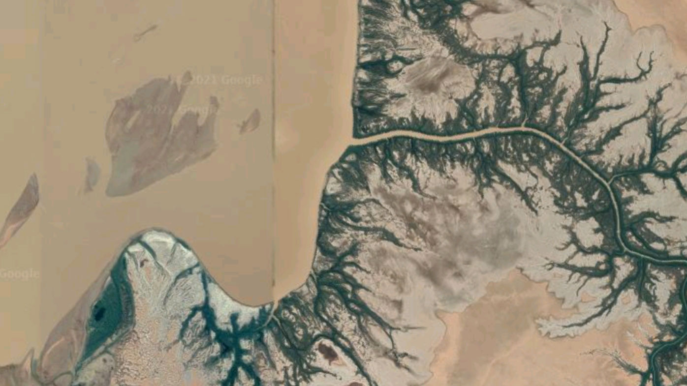 A satellite view of Airport Creek and the tidal system, near Derby in Western Australia, where the boat capsized.