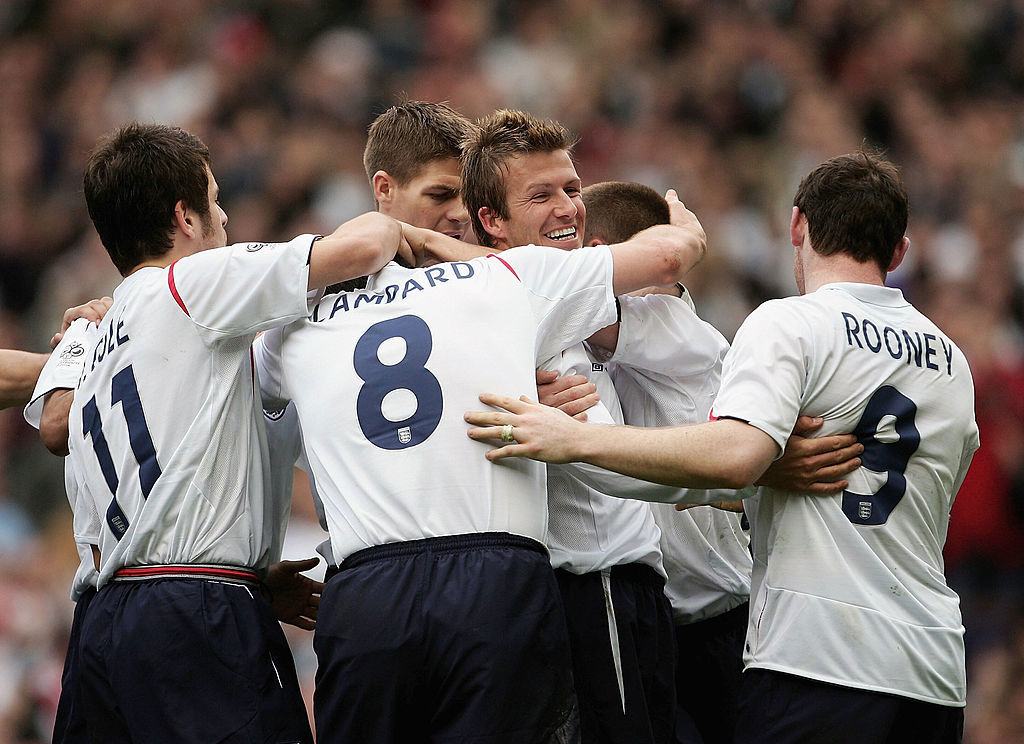 Michael Owen celebrates with his teammates after scoring the second goal during the World Cup Qualifier Group 6 match between England and Northern Ireland in 2005.