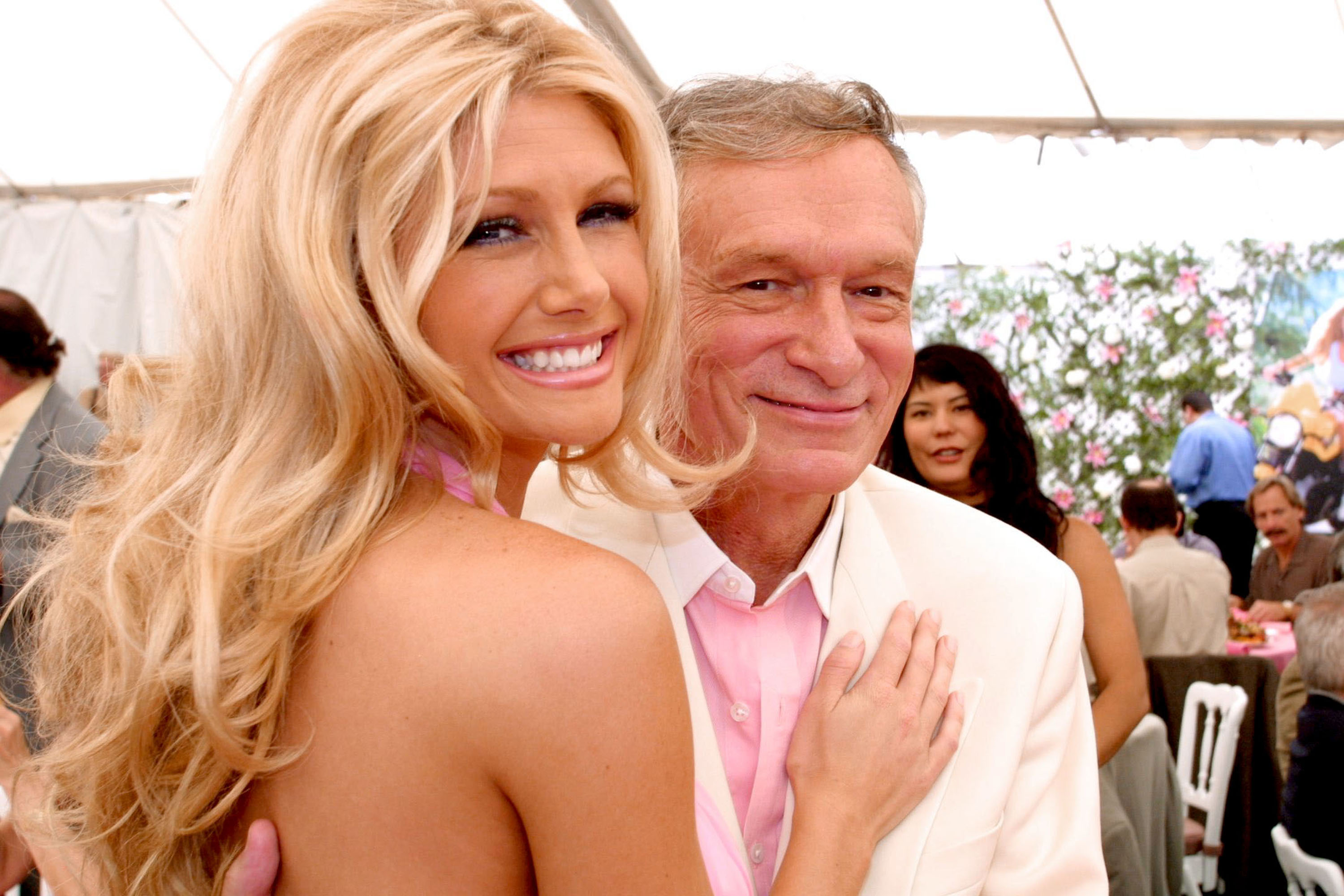 Playmate Of The Year, Brande Roderick poses with Hugh Hefner at the Playmate Of The Year Party April 26, 2001 in Los Angeles, CA.