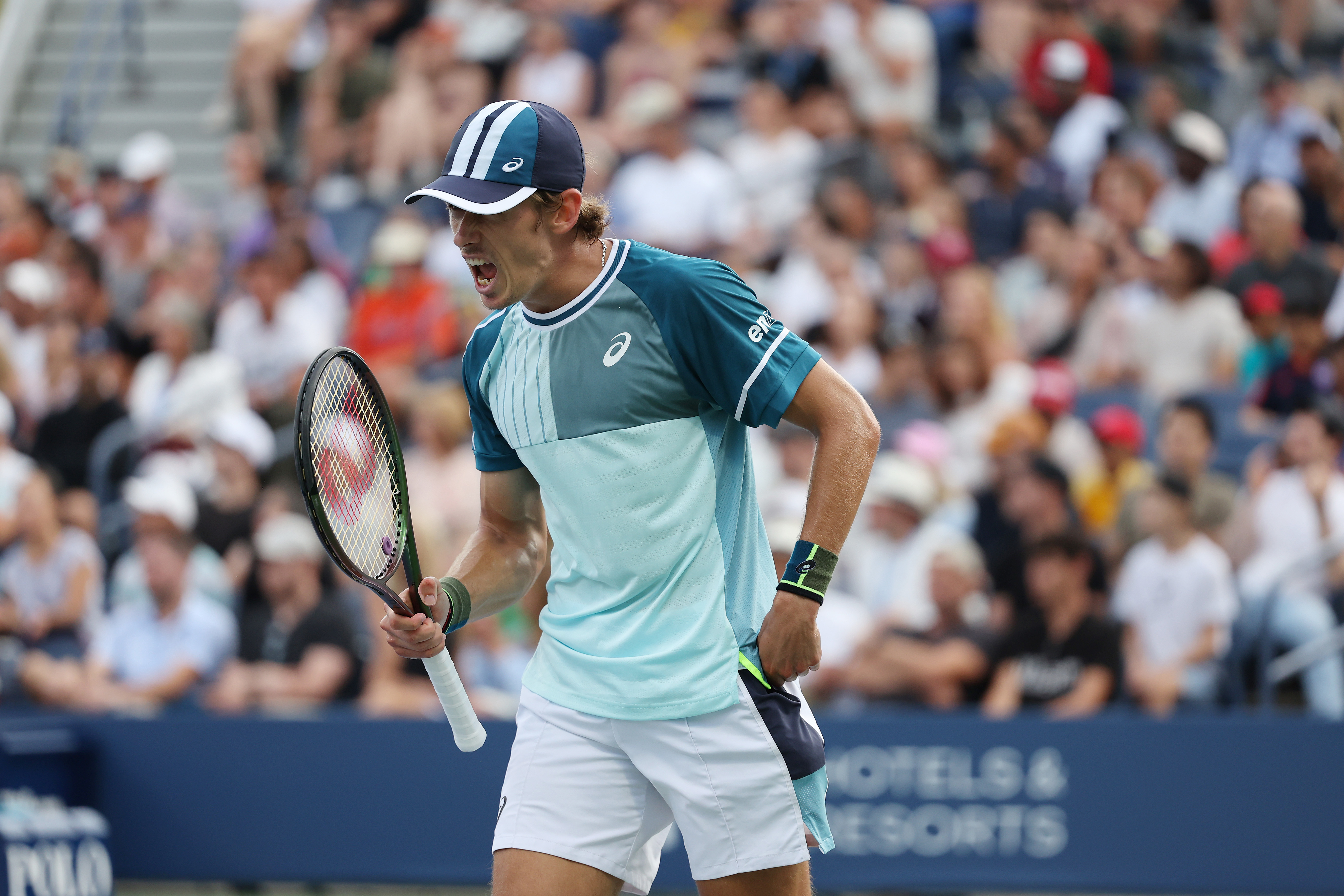 Alex De Minaur of Australia celebrates after winning a game against Nicolas Jarry of Chile during their Men's Singles Third Round match on Day Six of the 2023 US Open at the USTA Billie Jean King National Tennis Center on September 02, 2023 in the Flushing neighborhood of the Queens borough of New York City. (Photo by Mike Stobe/Getty Images)