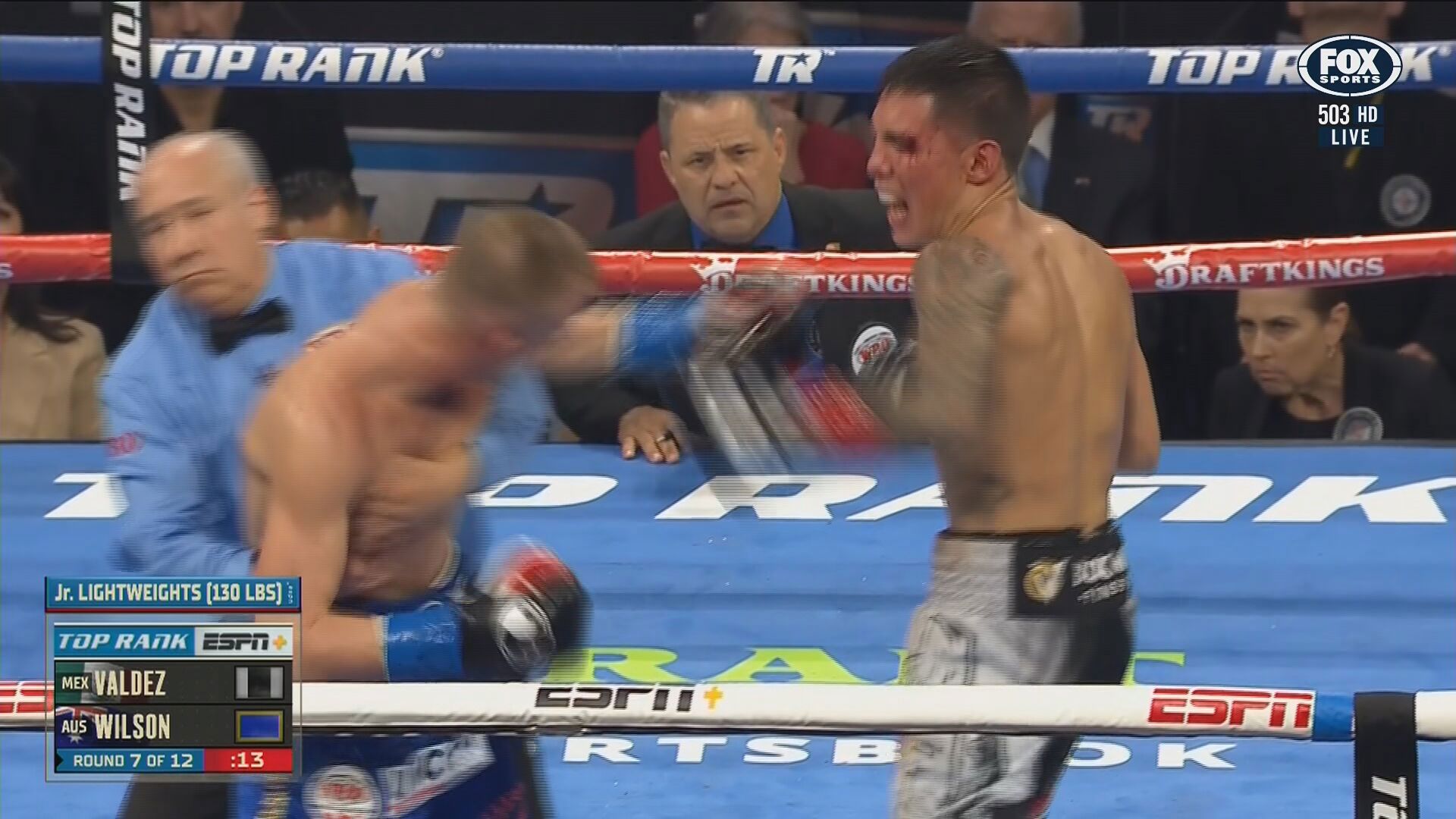 The referee stepped in to stop the fight between Liam Wilson and Oscar Valdez.