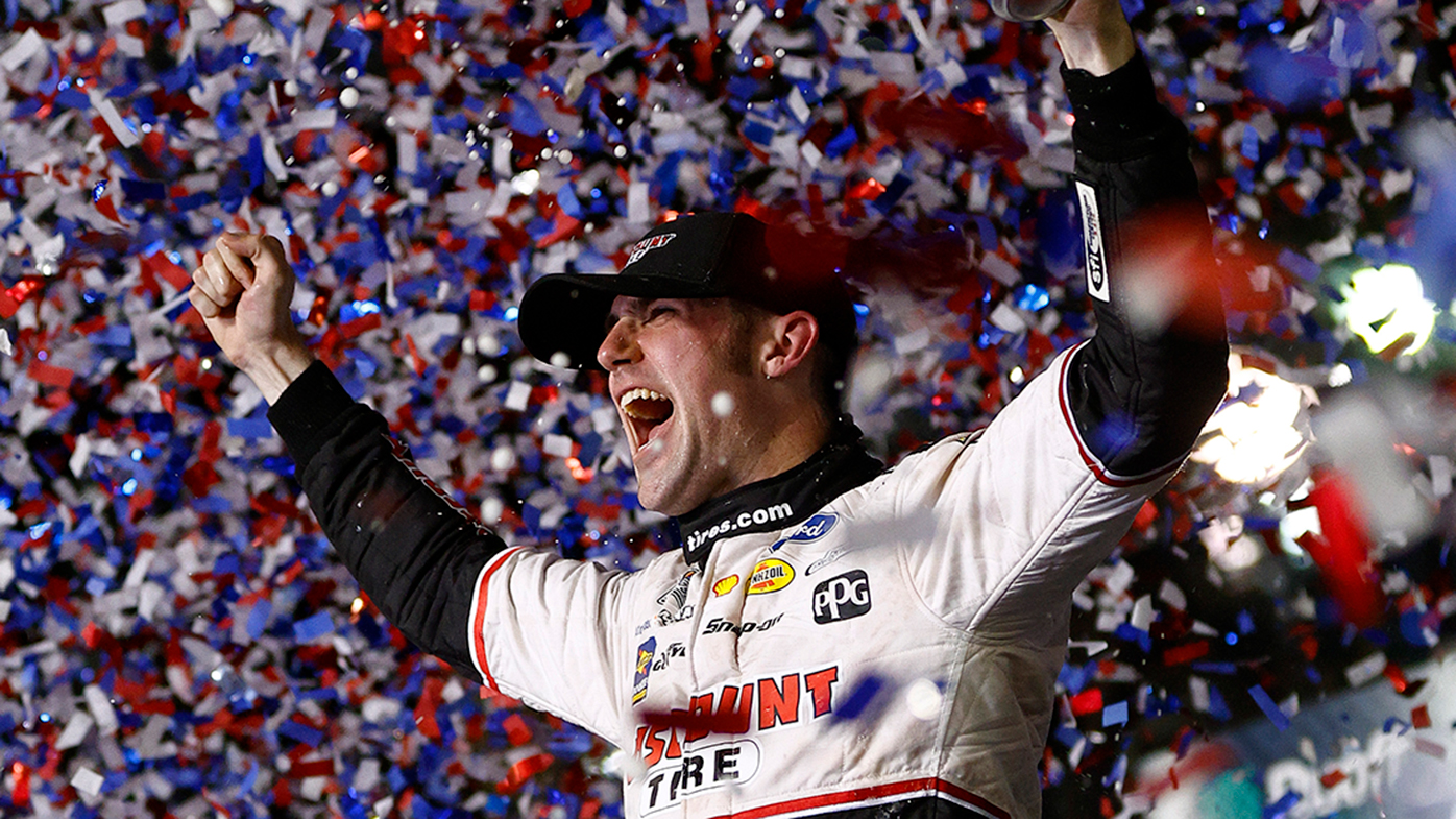 Penske's Austin Cindric celebrates his victory at the Daytona 500.
