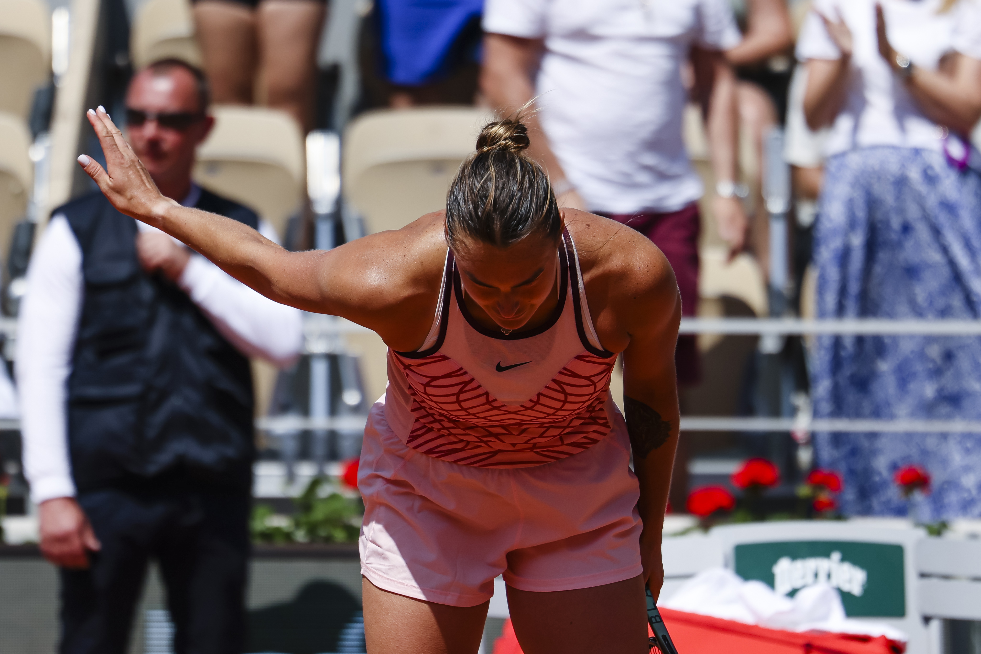 Aryna Sabalenka bows to the crowd after her first round win over Marta Kostyuk on day one at Roland-Garros. (Photo by Frank Molter/picture alliance via Getty Images)