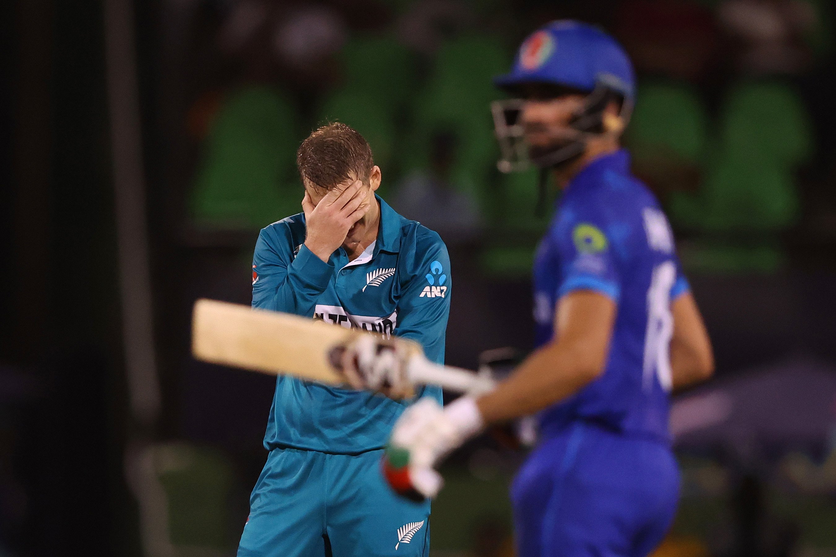 Lockie Ferguson of New Zealand reacts after a delivery.