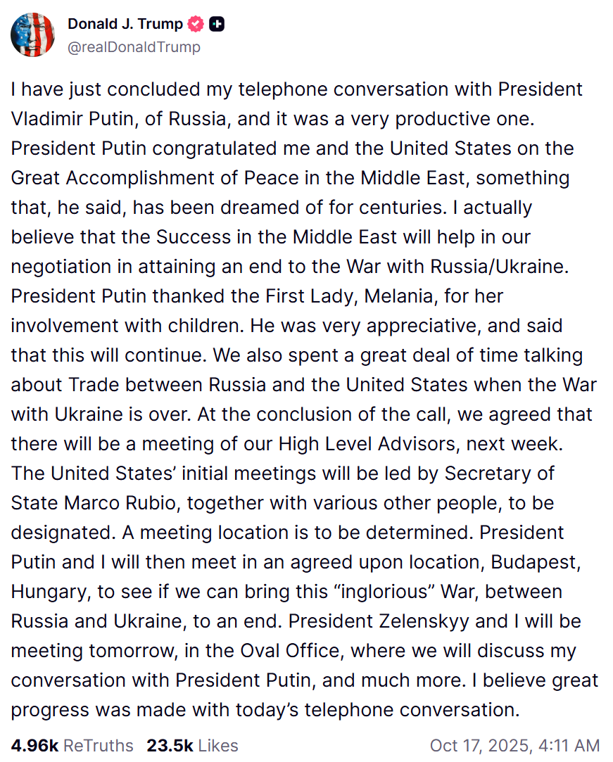 Donald Trump has announced his prospective meeting with Vladimir Putin on Truth Social.