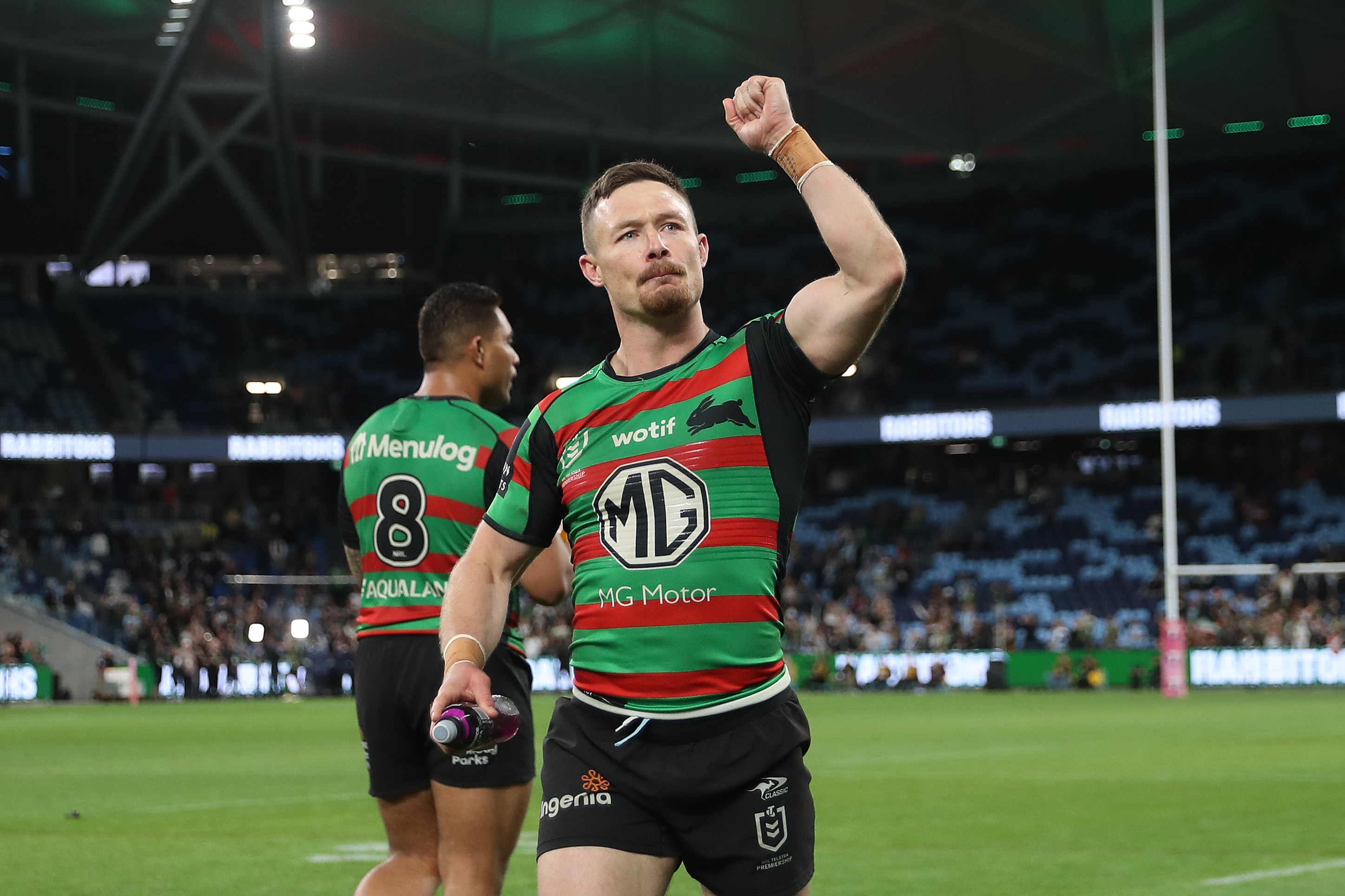 Damien Cook of the Rabbitohs celebrates winning the semi final against Cronulla Sharks.