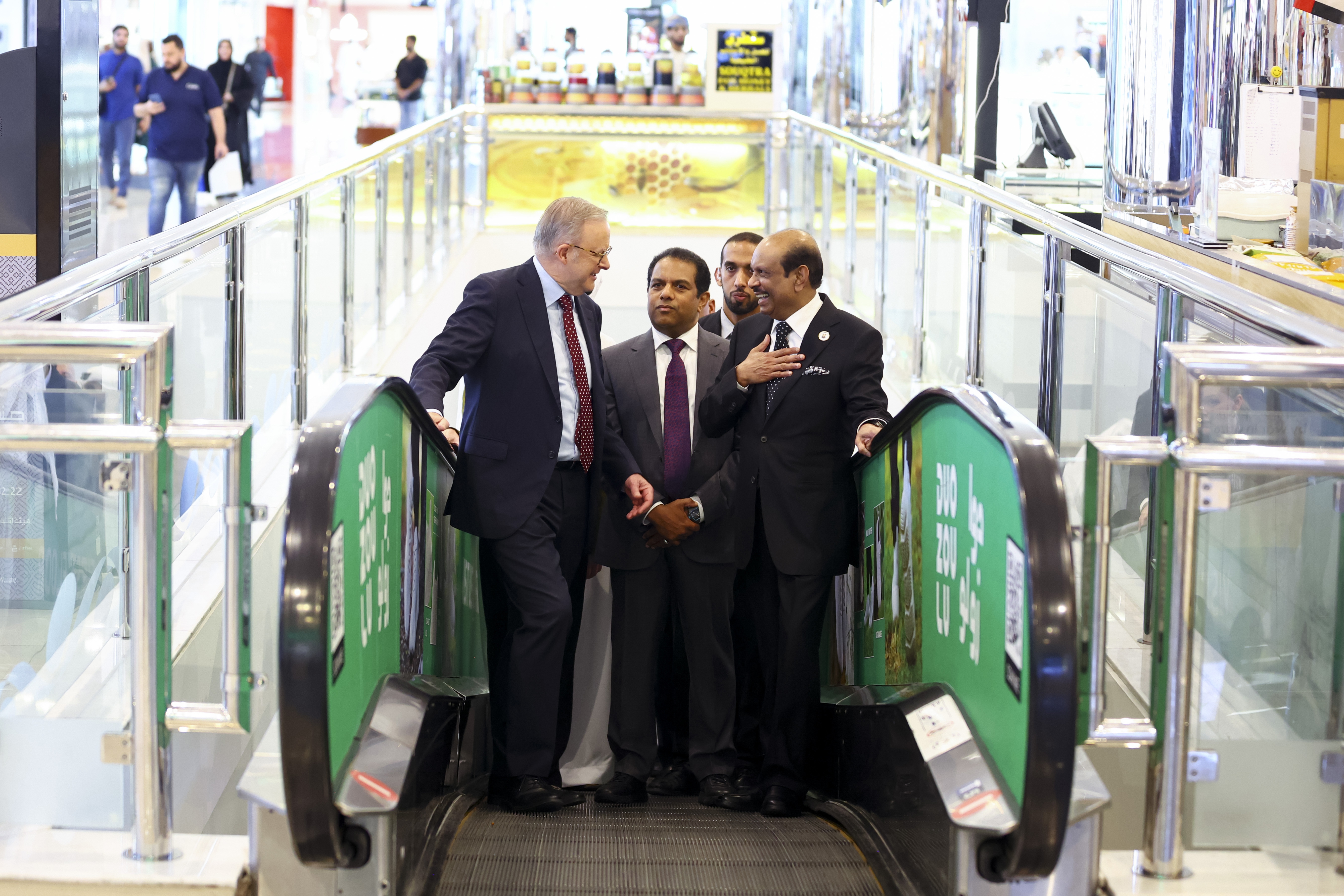 Prime Minister Anthony Albanese, Lulu Global Director, Global Operations & Chief Sustainability Officer Mohamed Althaf MM and Lulu Chairman M. A. Yusuff Ali during a visit to Lulu Hypermarket, which imports Australian goods to the UAE,  at Mushrif Mall in Abu Dhabi, United Arab Emirates on September 29, 2025.  