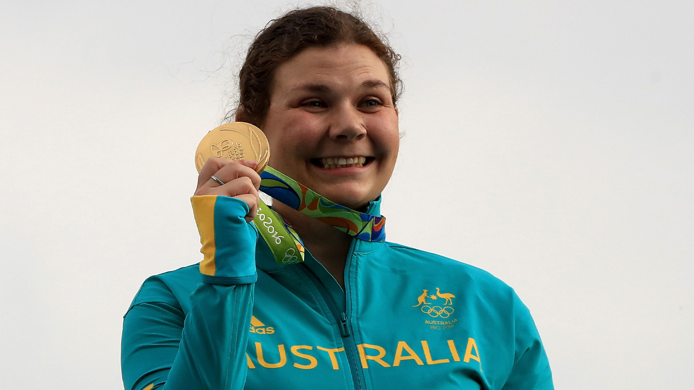 Catherine Skinner celebrates winning gold in the women's trap shooting at the Rio 2016 Olympics.