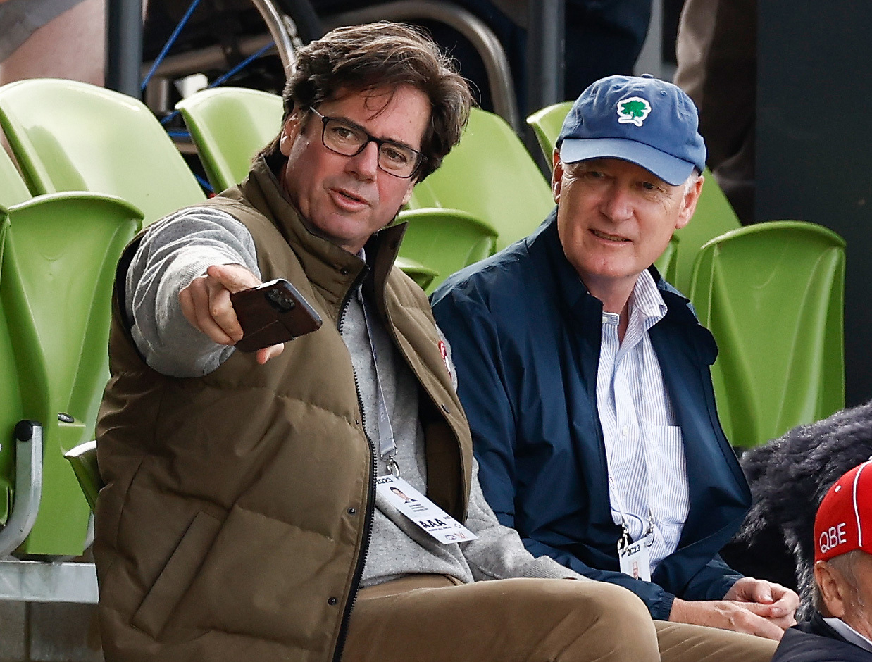 ADELAIDE, AUSTRALIA - APRIL 15: Gillon McLachlan, Chief Executive Officer of the AFL (left) and Richard Goyder, Chairman of the AFL chat during the 2023 AFL Round 05 match between the Brisbane Lions and the North Melbourne Kangaroos at Adelaide Hills on April 15, 2023 in Adelaide, Australia. (Photo by Michael Willson/AFL Photos)