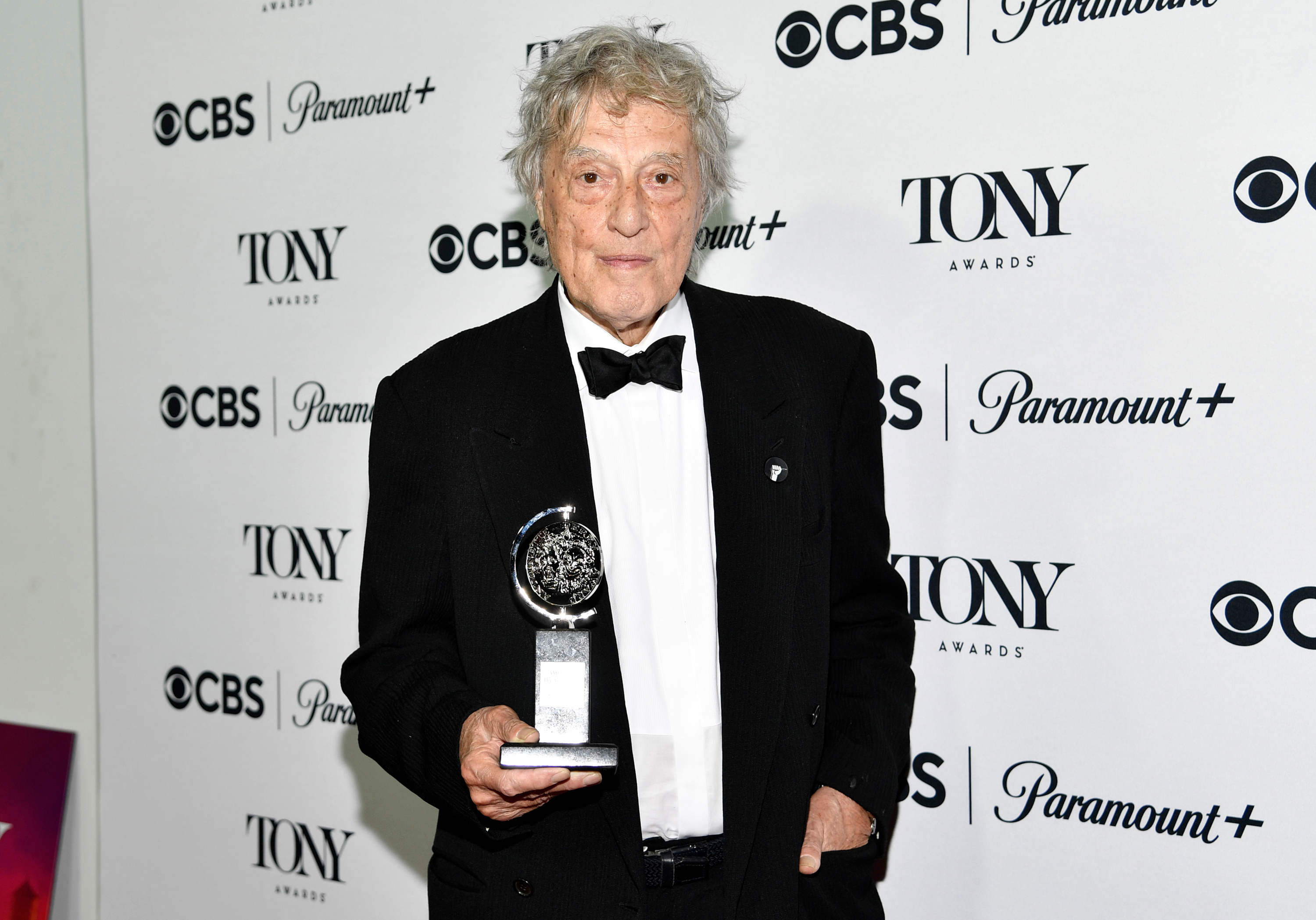Tom Stoppard poses with the award for best play for "Leopoldstadt" in the press room at the 76th annual Tony Awards on Sunday, June 11, 2023, at the Radio Hotel in New York.