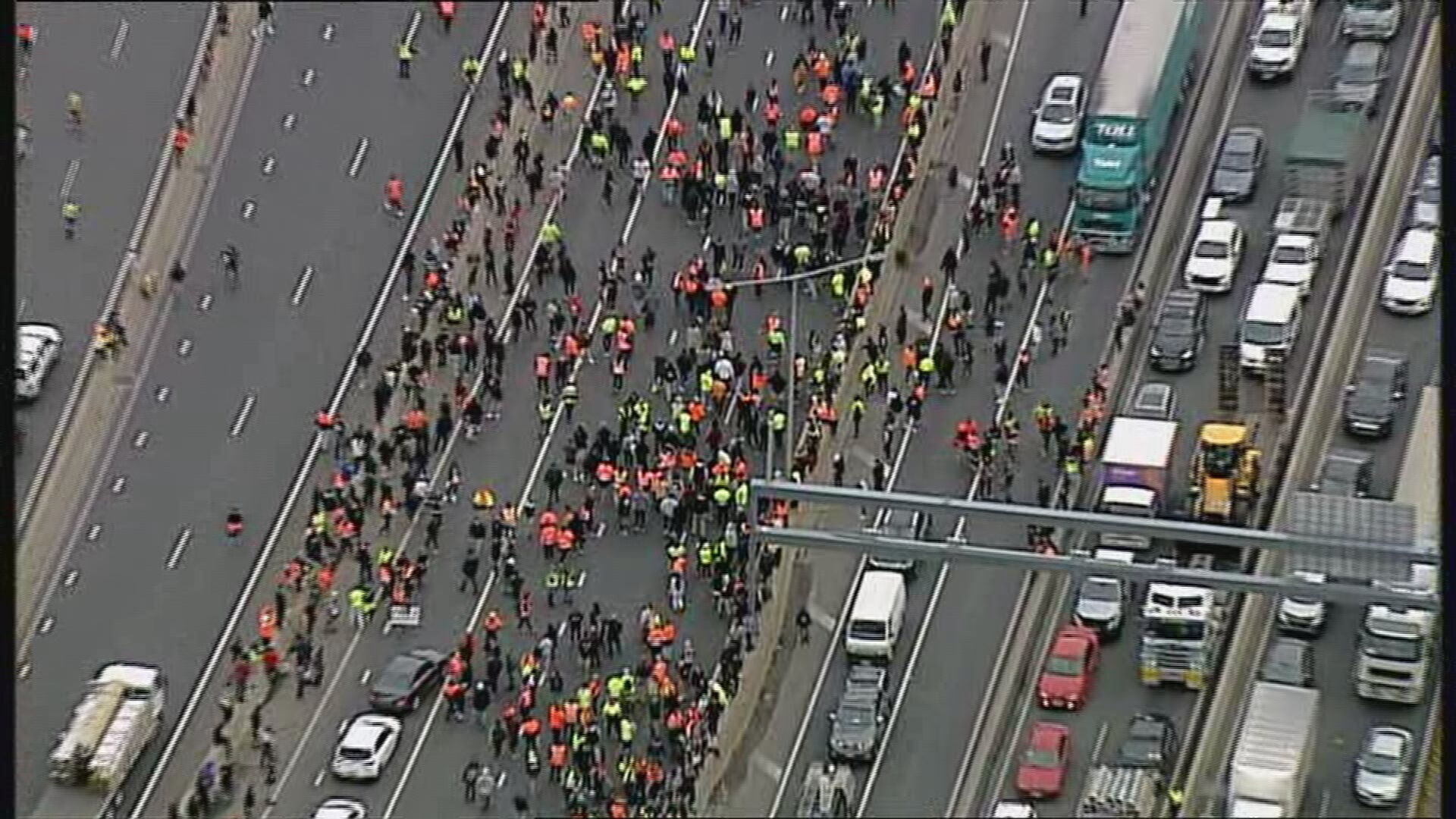 Protesters on the West Gate Freeway in Melbourne.