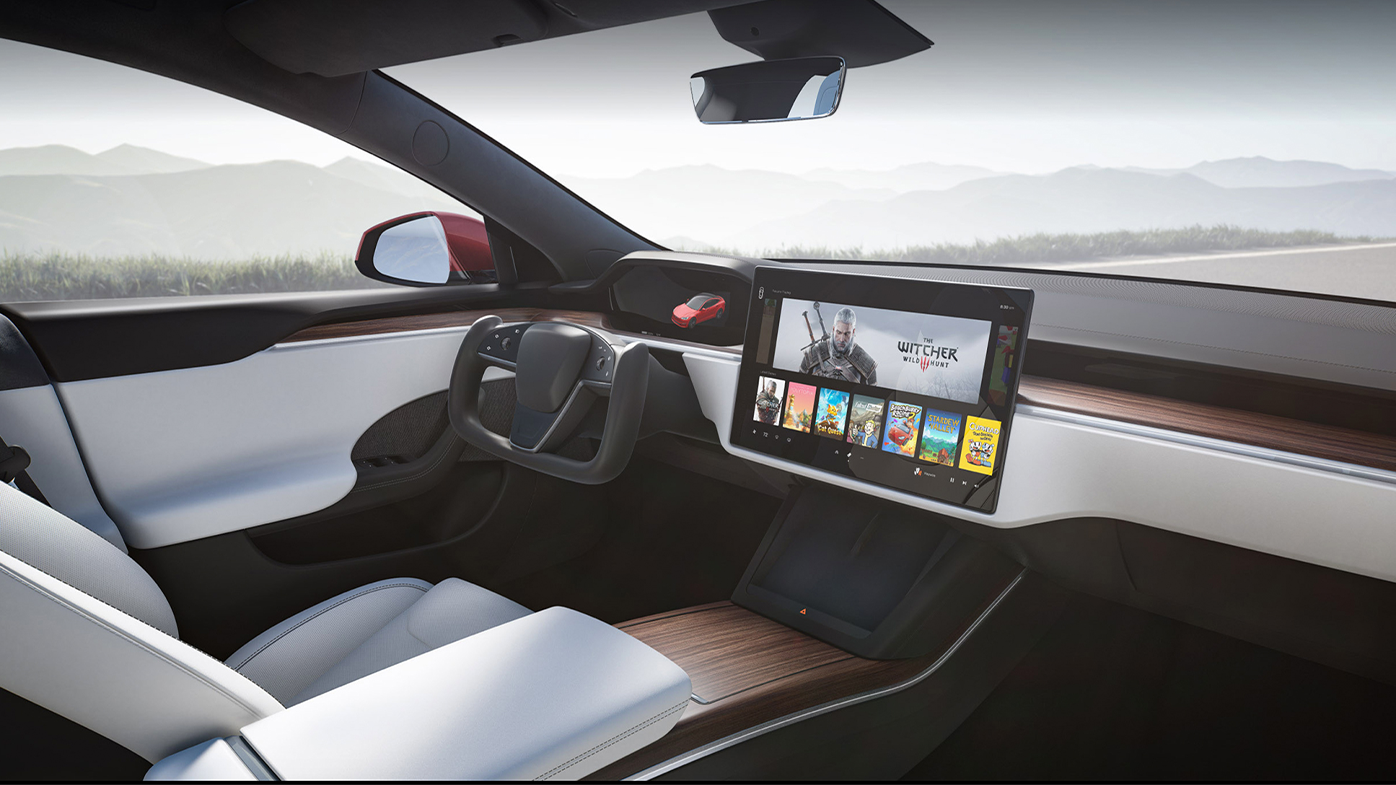 The new interior of the Model S includes a rectangular steering wheel with no stalks and a 17-inch high-definition screen in the centre console.