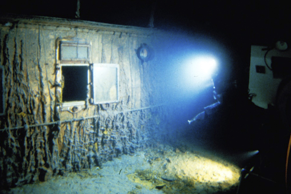 An underwater remote vehicle examines an open window of the Titanic 3.8 kilometres below the surface of the ocean, 640 kilometres off the coast of Newfoundland, Canada in 1986.