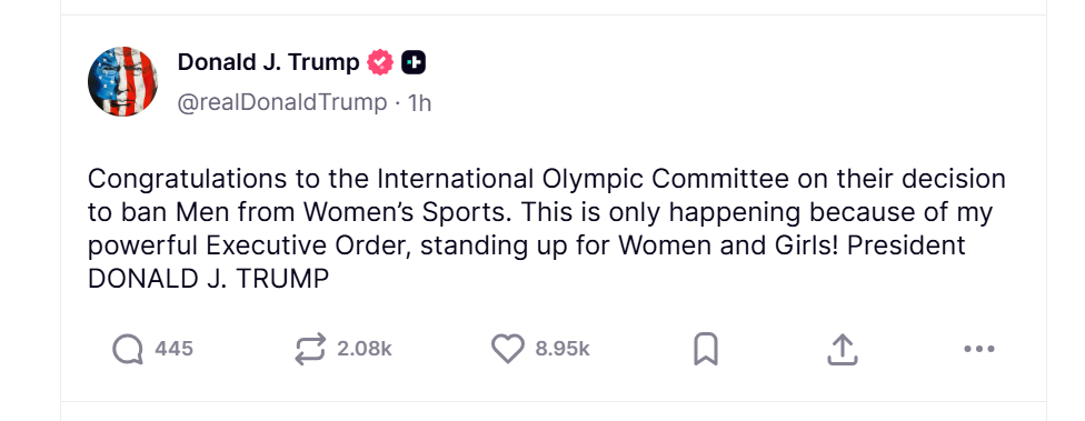 US President Donald Trump took to Truth Social to take full credit for the IOC's new eligibility policy banning transgender athletes from competing at the Olympics.