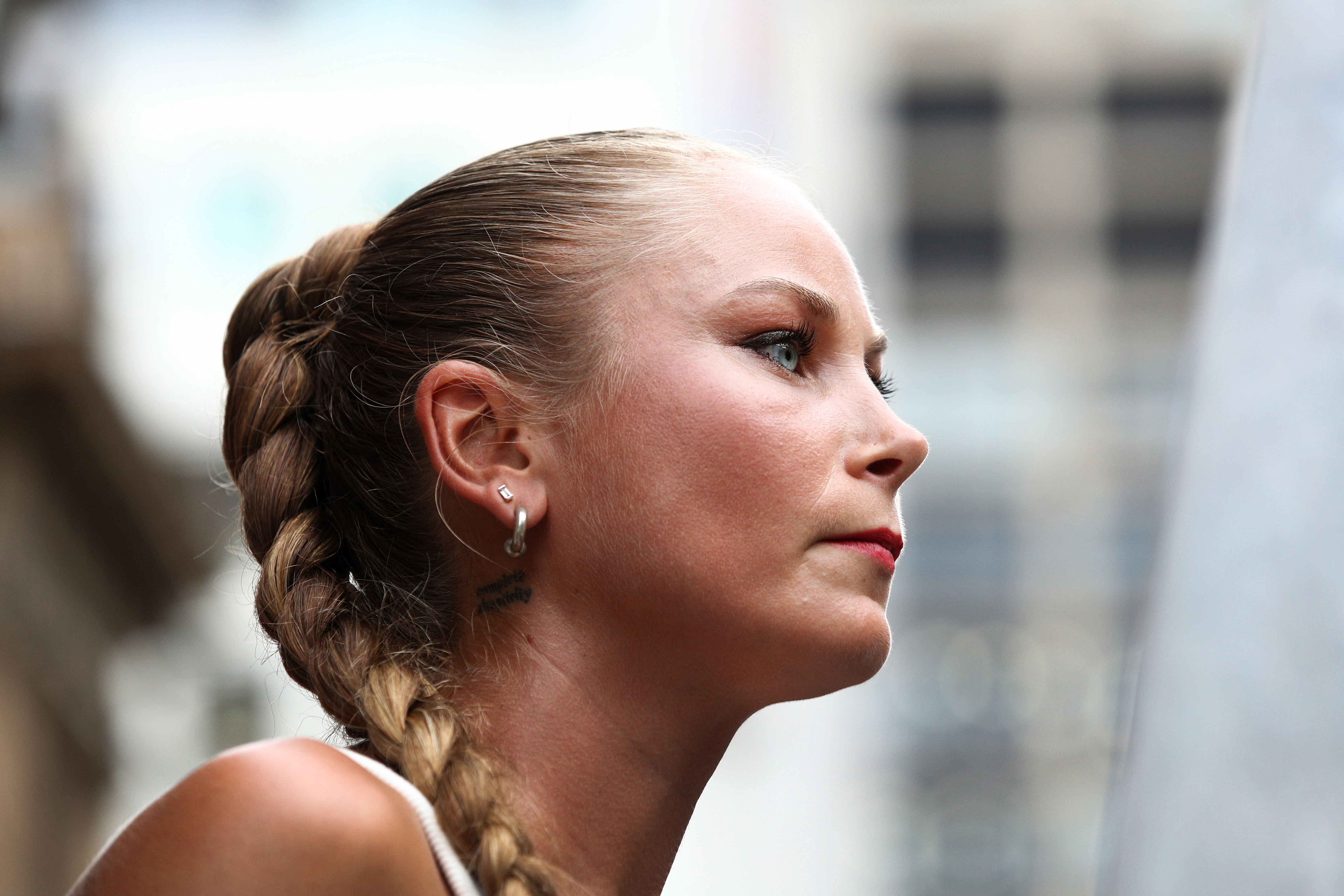SYDNEY, AUSTRALIA - FEBRUARY 09: Grace Tame speaks during a protest against the visit of Israel's President Isaac Herzog on February 09, 2026 in Sydney, Australia. Herzog is on a visit to Australia from Feb 8-12 that will take in official engagements as well as meetings with the Jewish community. (Photo by Lisa Maree Williams/Getty Images)