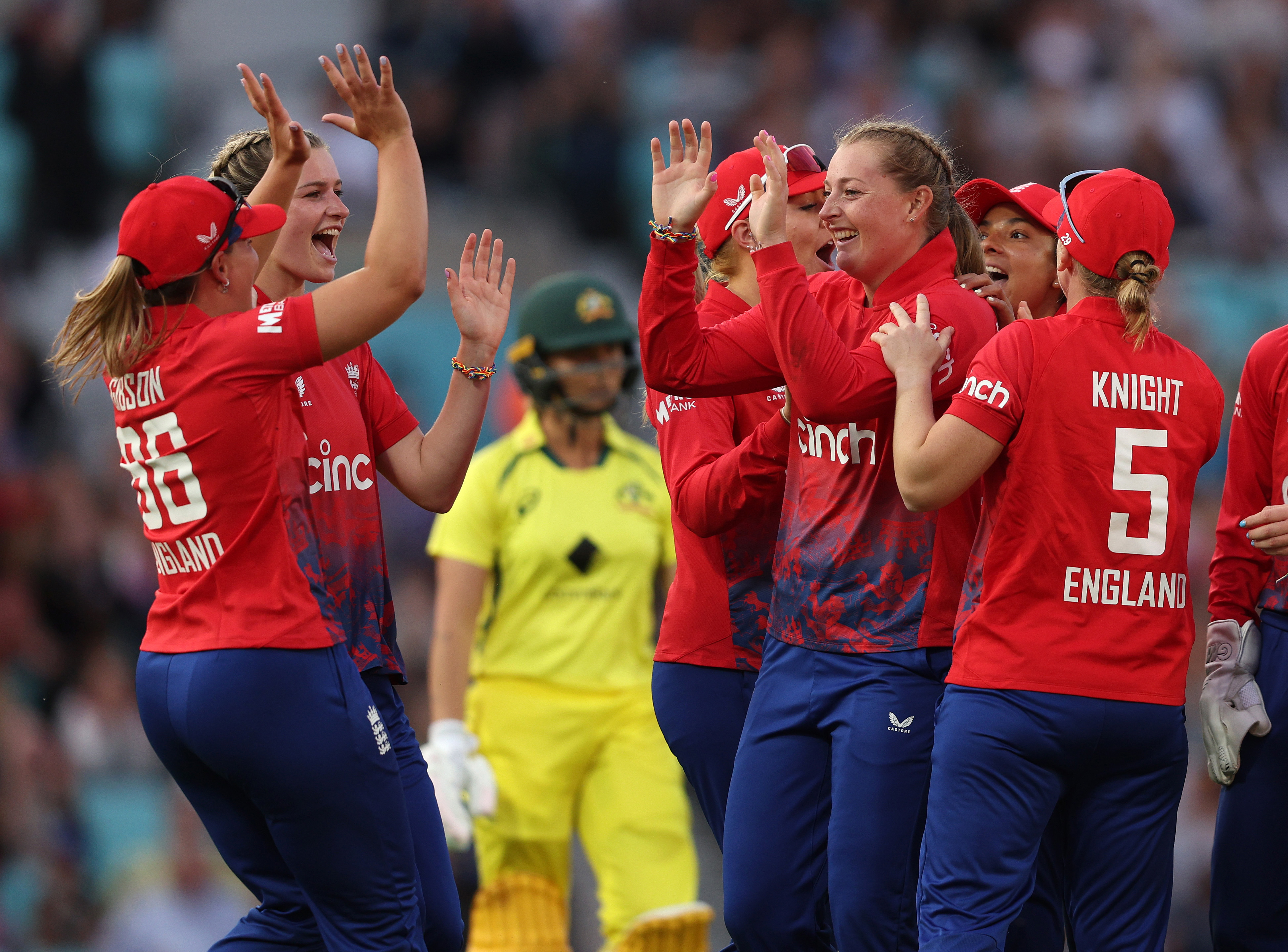 Sophie Ecclestone of England is congratulated as Ash Gardener of Australia is run out.