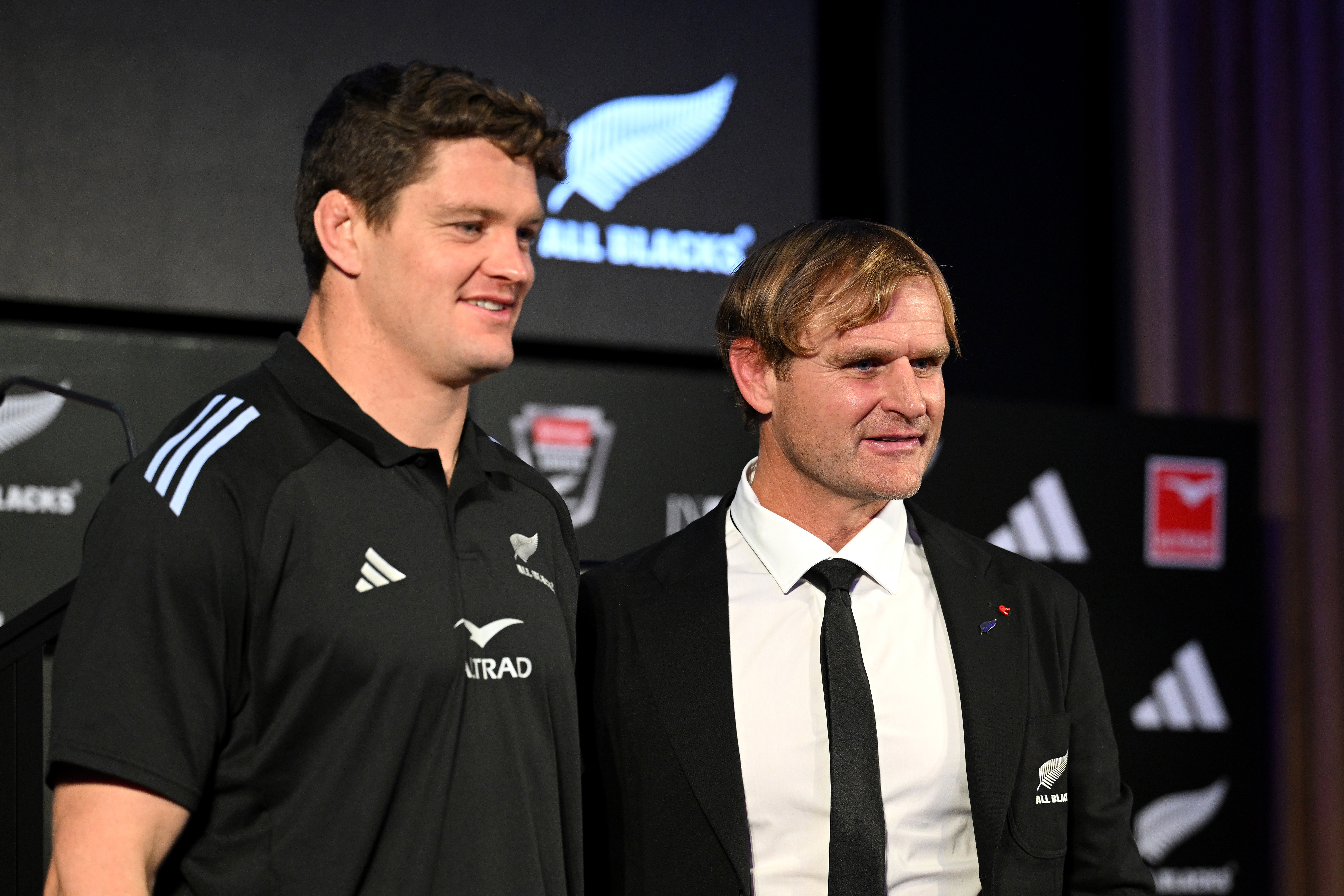 All Blacks captain Scott Barrett with coach Scott Robertson at Te Pae Christchurch Convention Centre.