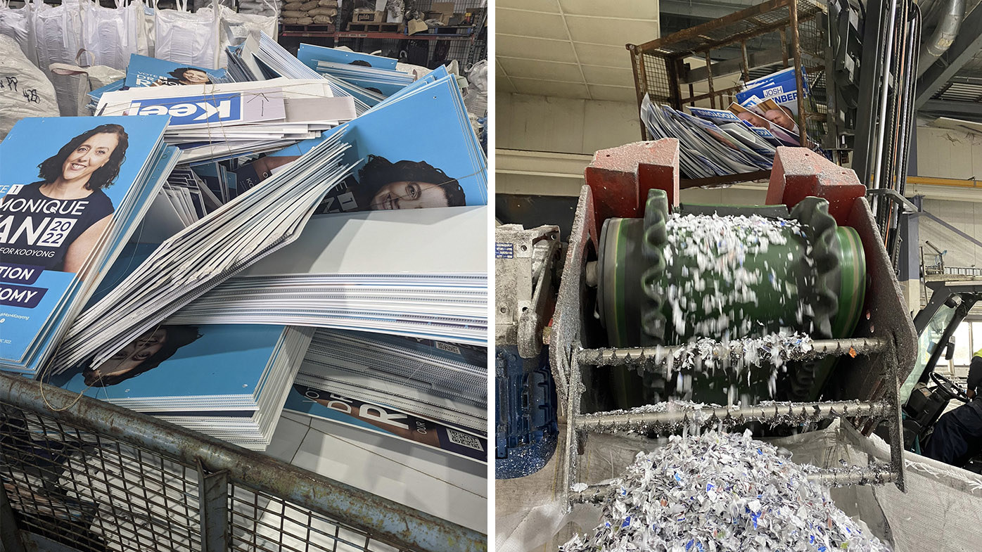 Corflutes from Independent Member for Kooyong Dr Monique Ryan's 2022 election campaign. Corflutes from past elections being recycled at a Corex facility.