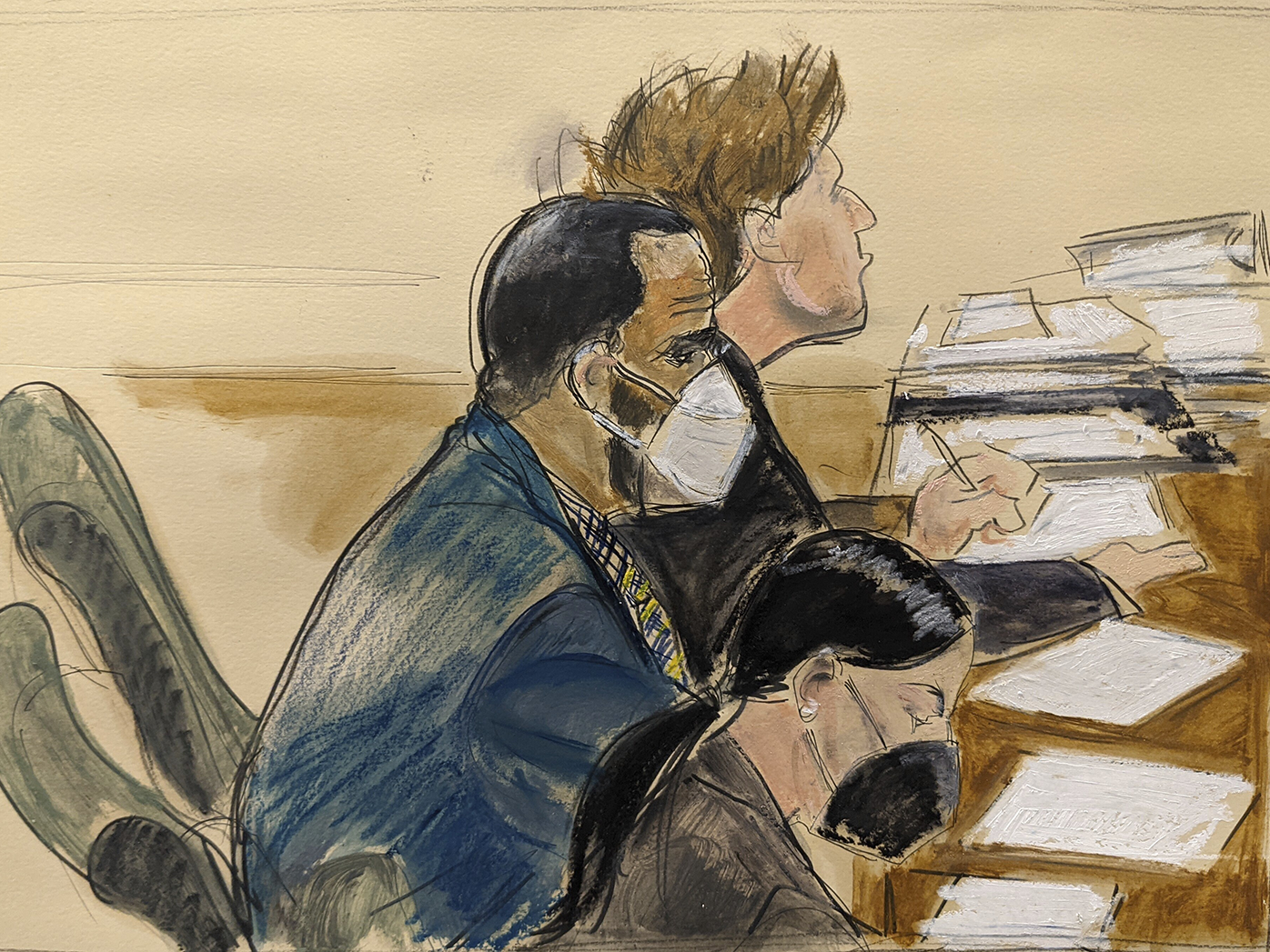 In this courtroom artist's sketch R. Kelly, left, listens during his trial in New York, Thursday, Aug. 26, 2021. The 54-year-old Kelly has repeatedly denied accusations that he preyed on several alleged victims during a 30-year career highlighted by his mega hit 'I Believe I Can Fly'.