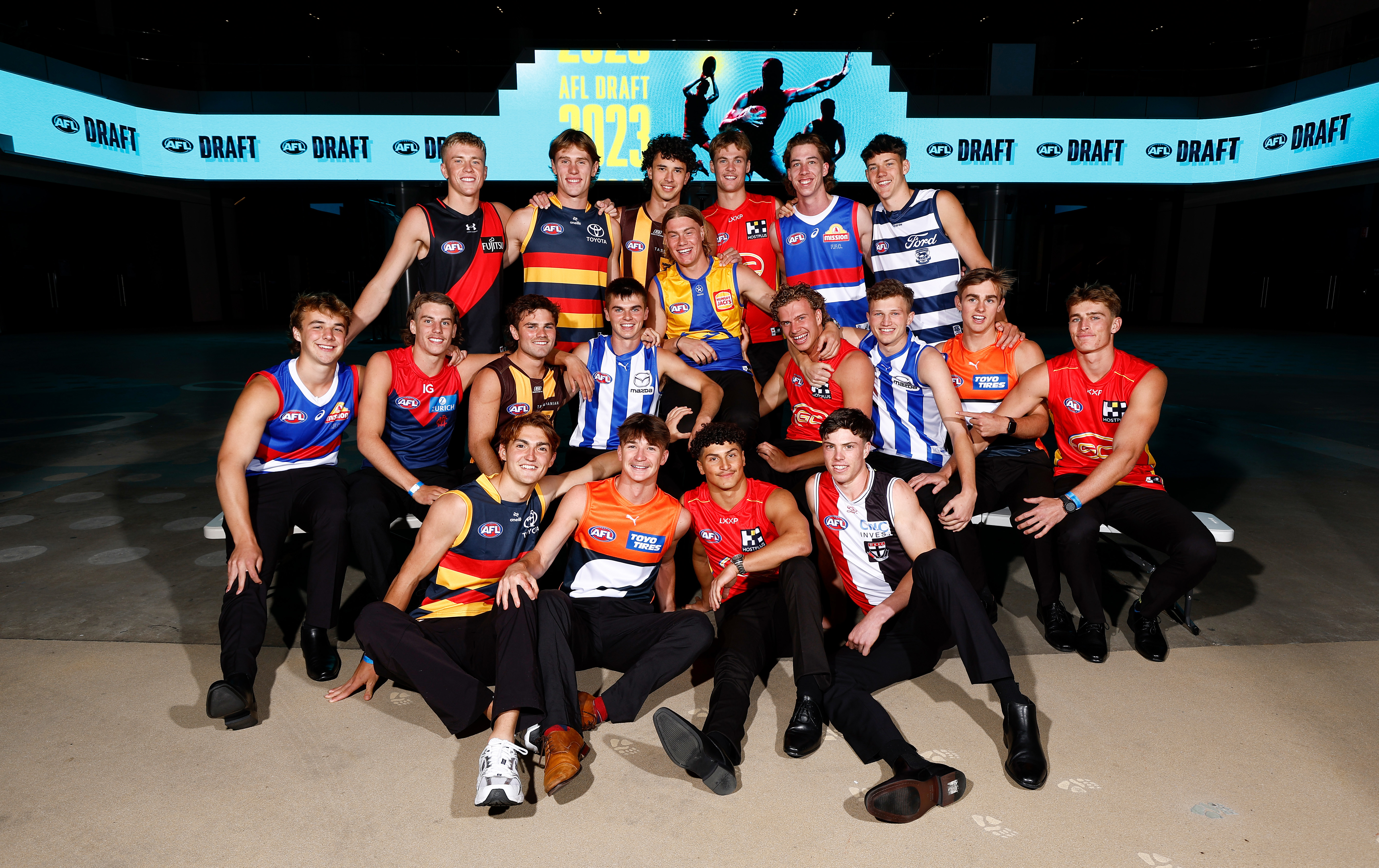 MELBOURNE, AUSTRALIA - NOVEMBER 20: The 2023 first-round draft picks are seen during the 2023 AFL Draft at Marvel Stadium on November 20, 2023 in Melbourne, Australia. (Photo by Michael Willson/AFL Photos via Getty Images)