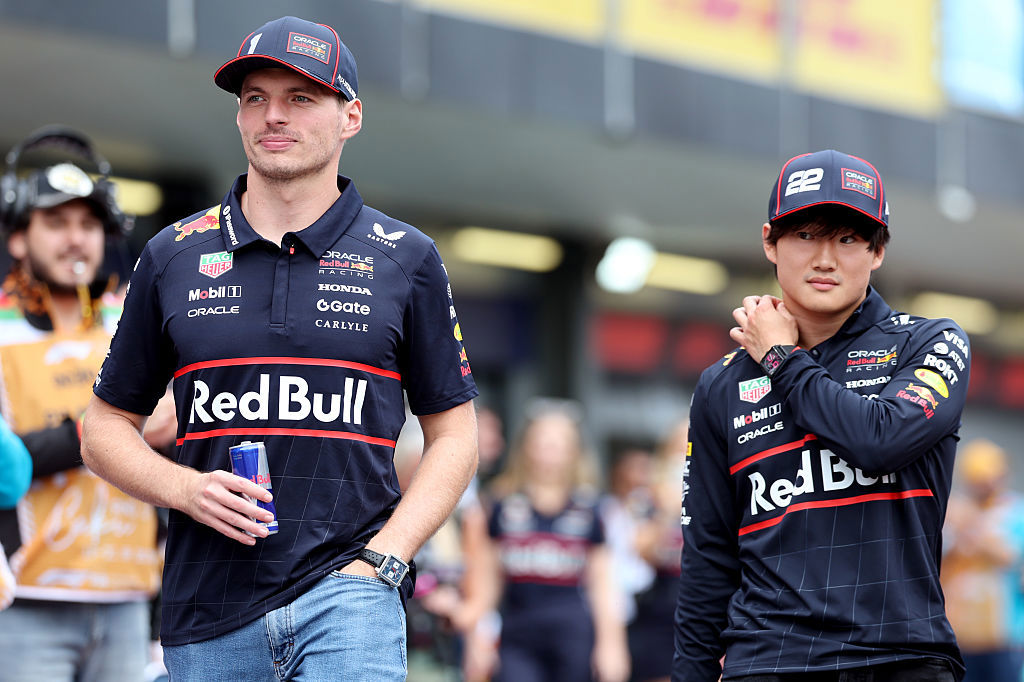 Max Verstappen and Yuki Tsunoda of Oracle Red Bull Racing on the drivers parade prior to the F1 Grand Prix of Azerbaijan.