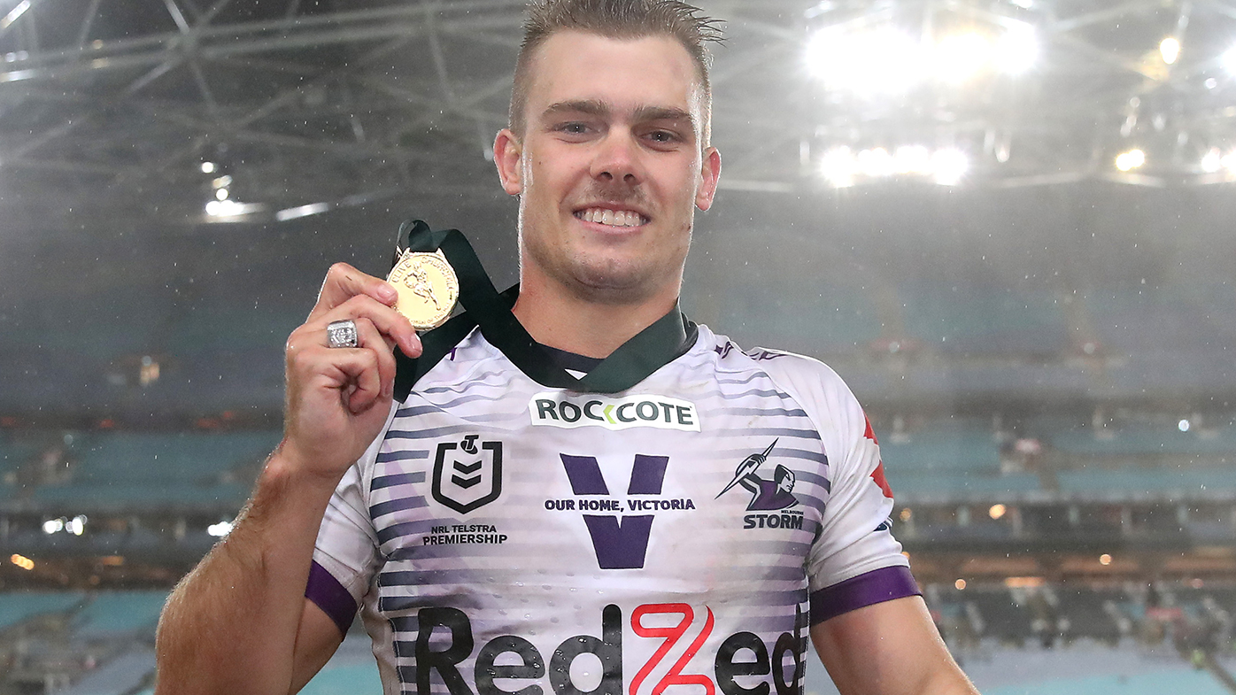 Melbourne's Ryan Papenhuyzen with the Clive Churchill Medal after the 2020 grand final.