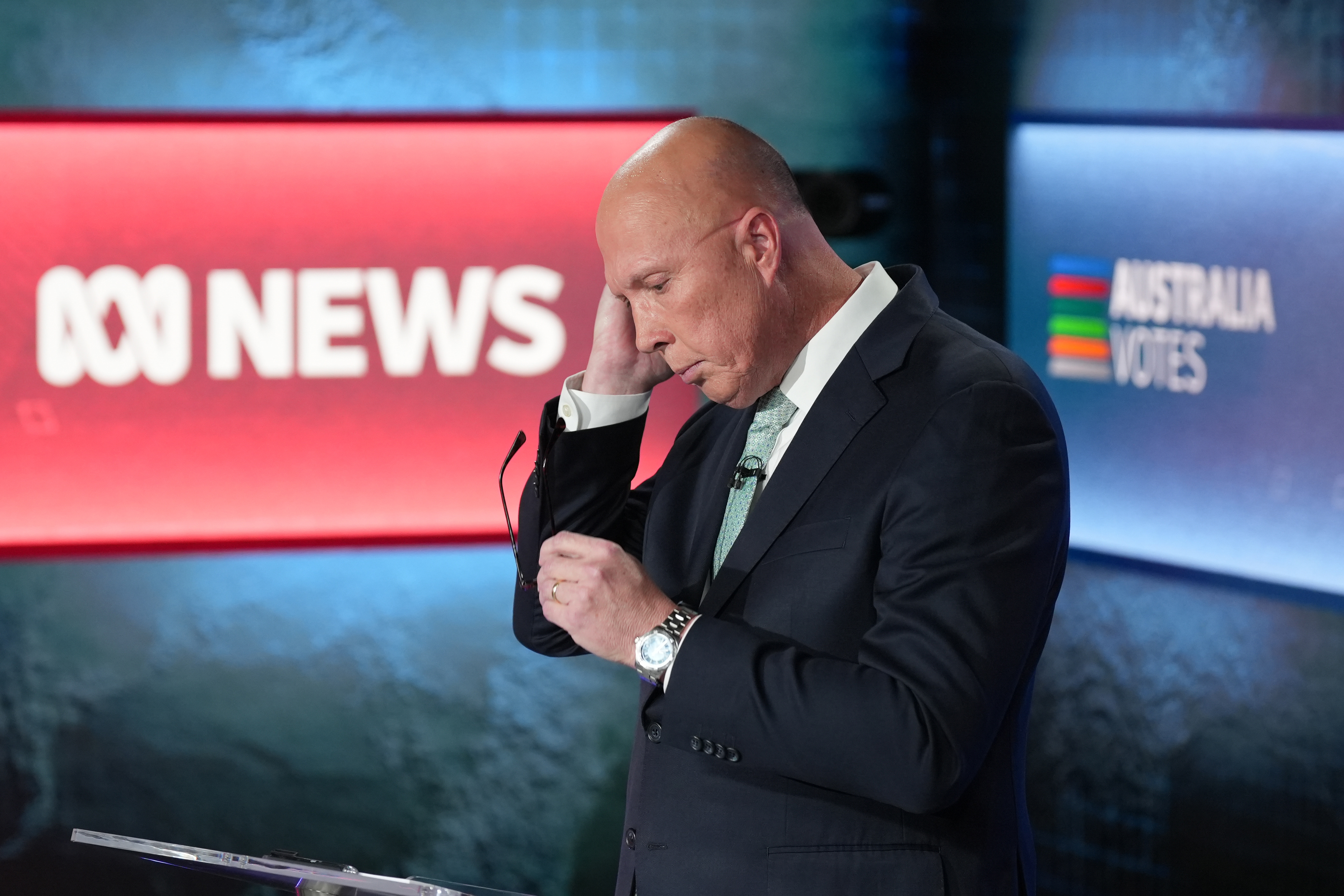 POOL PHOTO. Prime Minister Anthony Albanese and Opposition Leader Peter Dutton debate at the ABC's Parramatta studio in Western Sydney, moderated by David Speers. April 16, 2025, day 19 of the 2025 federal election campaign. Photo Matt Roberts/ABC 