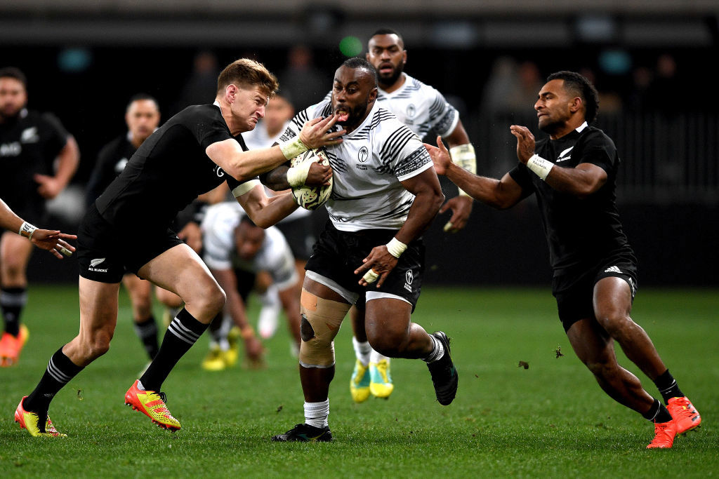 Peni Ravai of Fiji makes a run at Forsyth Barr Stadium.