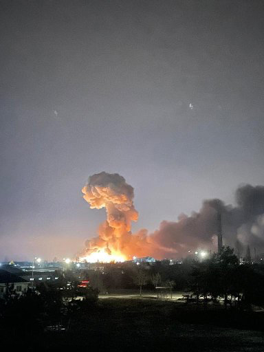 An explosion is seen in the Ukrainian capital of Kyiv early Thursday, February 24.
