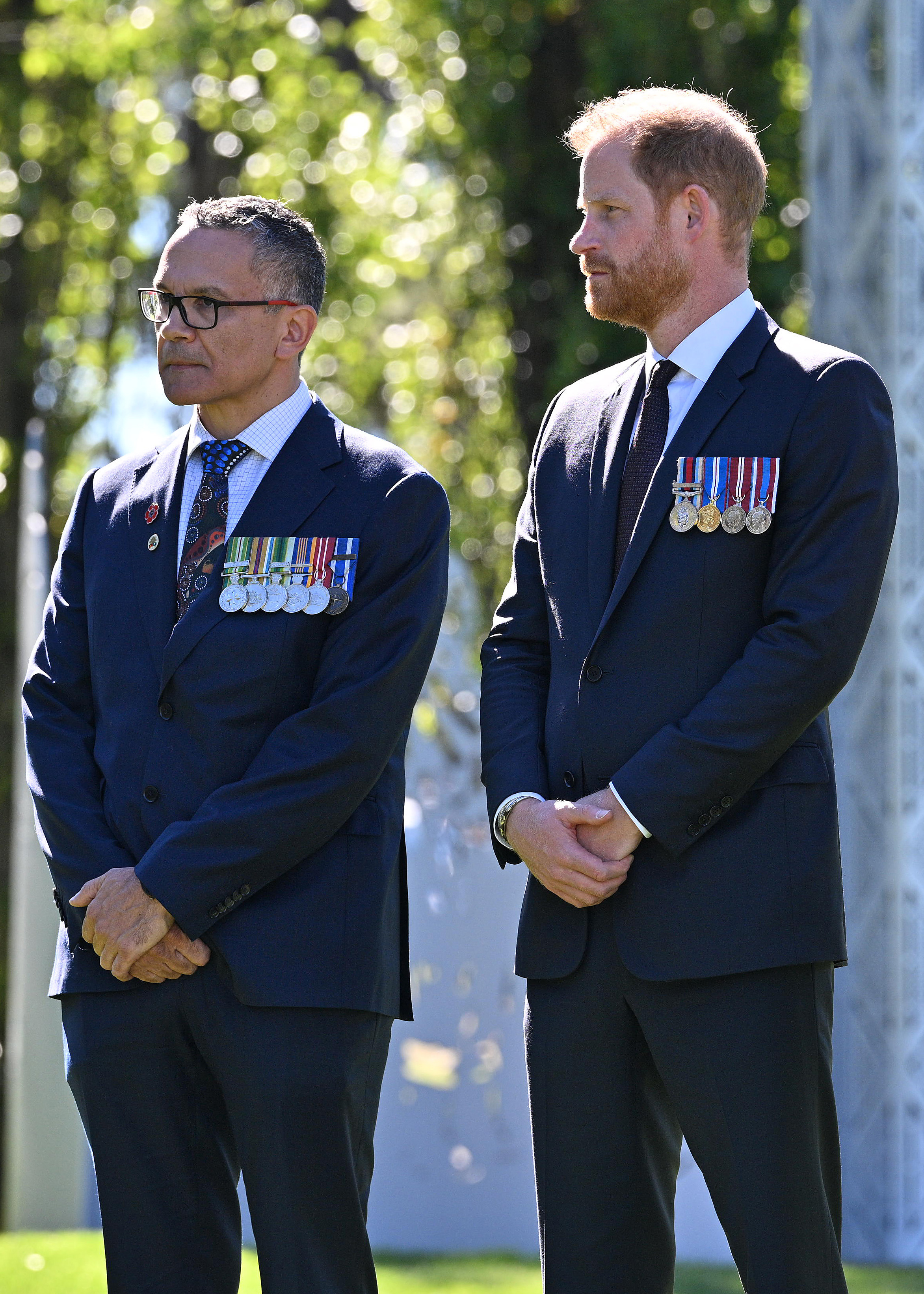 CANBERRA, AUSTRALIA - APRIL 15: (L-R) LTCOL Joseph West and Prince Harry, Duke of Sussex attend a Welcome to Country Ceremony during a visit to The Australian War Memorial on April 15, 2026 in Canberra, Australia. The Duke and Duchess of Sussex are on a four-day visit to Australia, with engagements across Melbourne, Canberra and Sydney. (Photo by Wendell Teodoro/Getty Images)