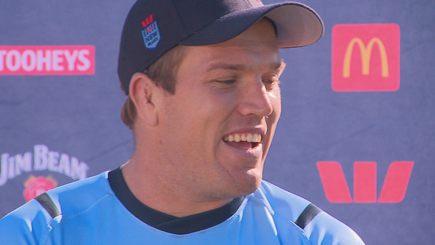 Blues captain Jake Trbojevic talking to media in camp.