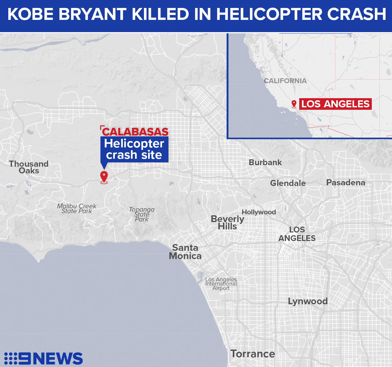 Map showing where Kobe Bryant was killed in a helicopter accident.
