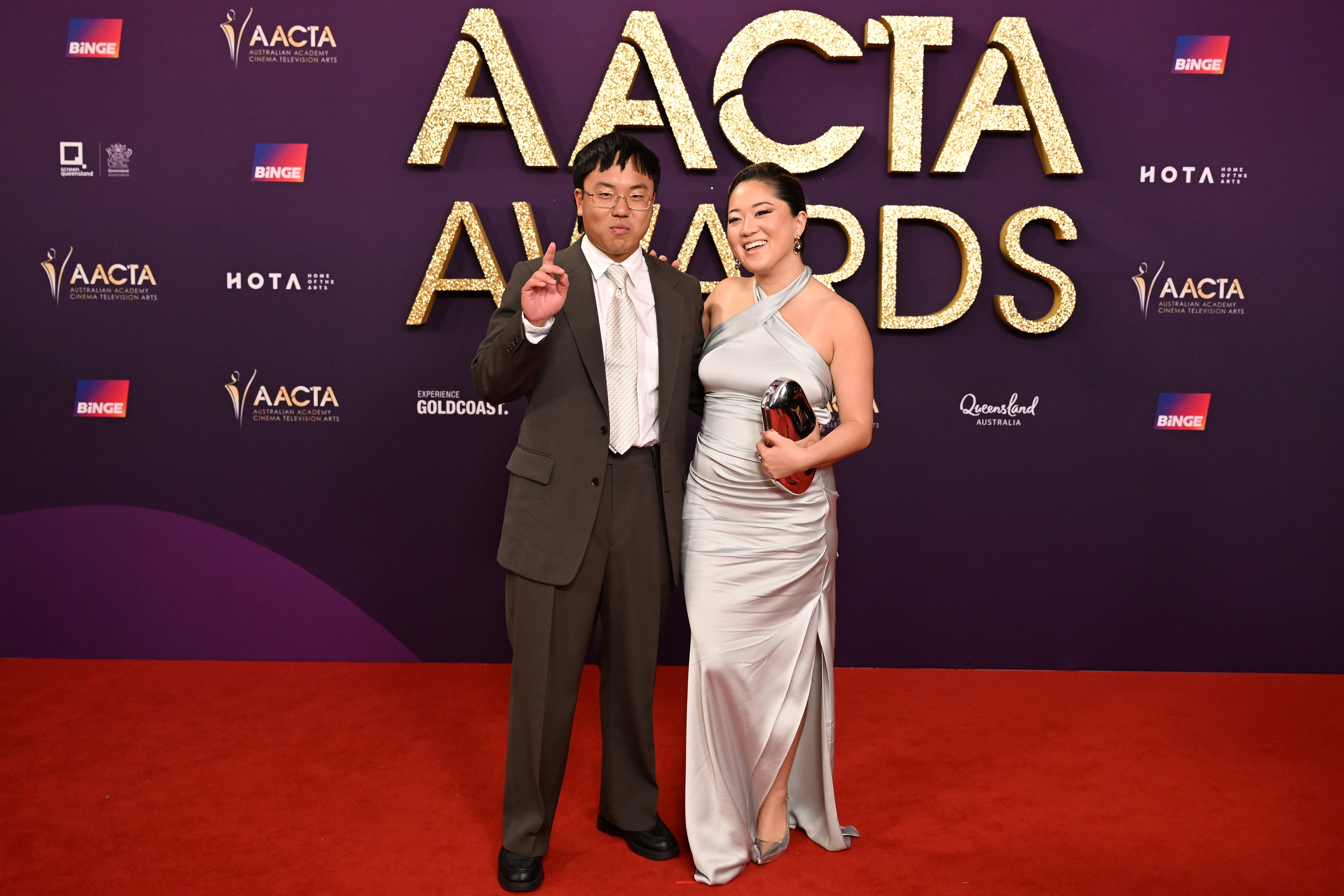 Aaron Chen and Esther Shim at the 2025 AACTA Awards on February 07, 2025 in Gold Coast, Australia.