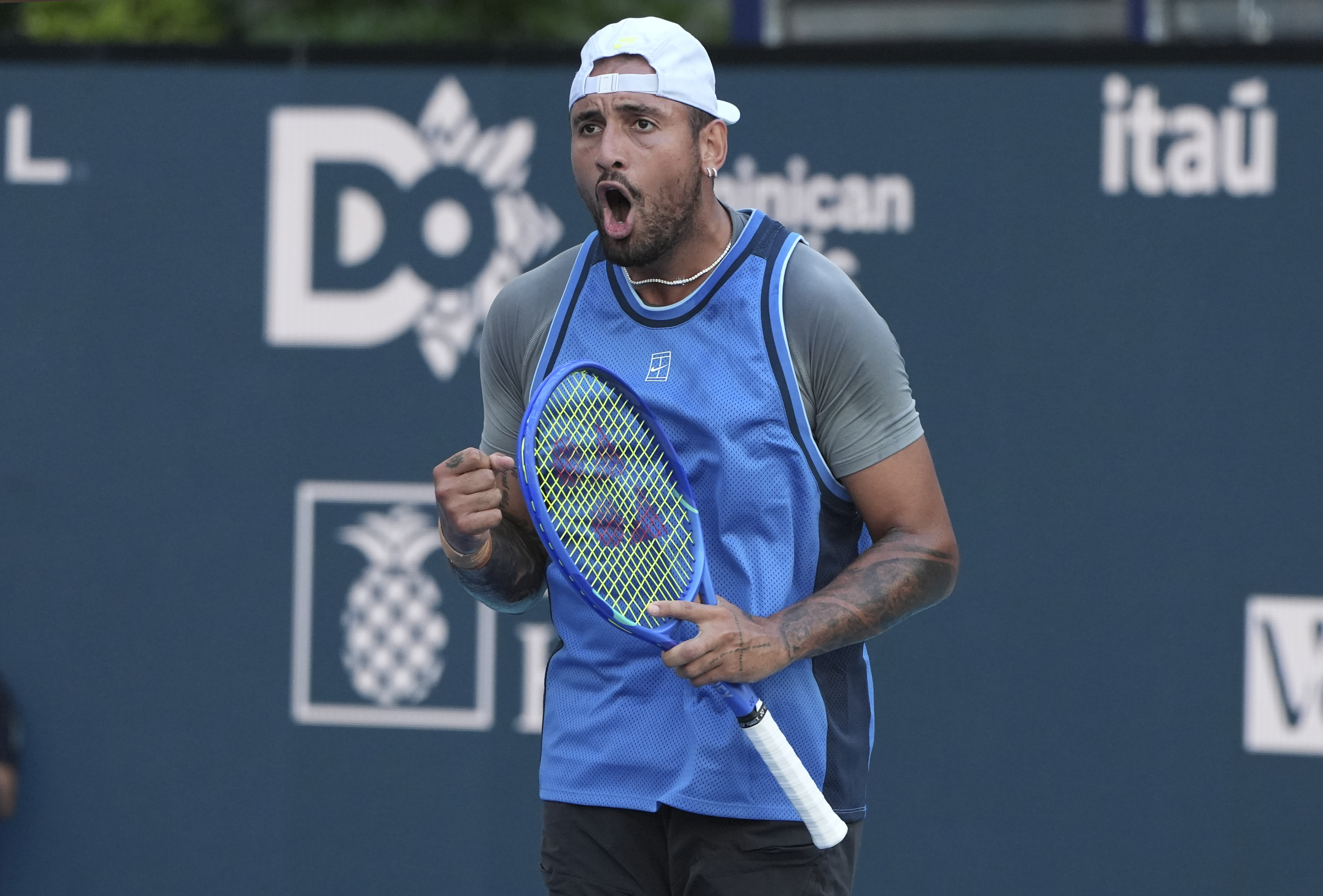 Nick Kyrgios reacts against Mackenzie McDonald at the Miami Open.