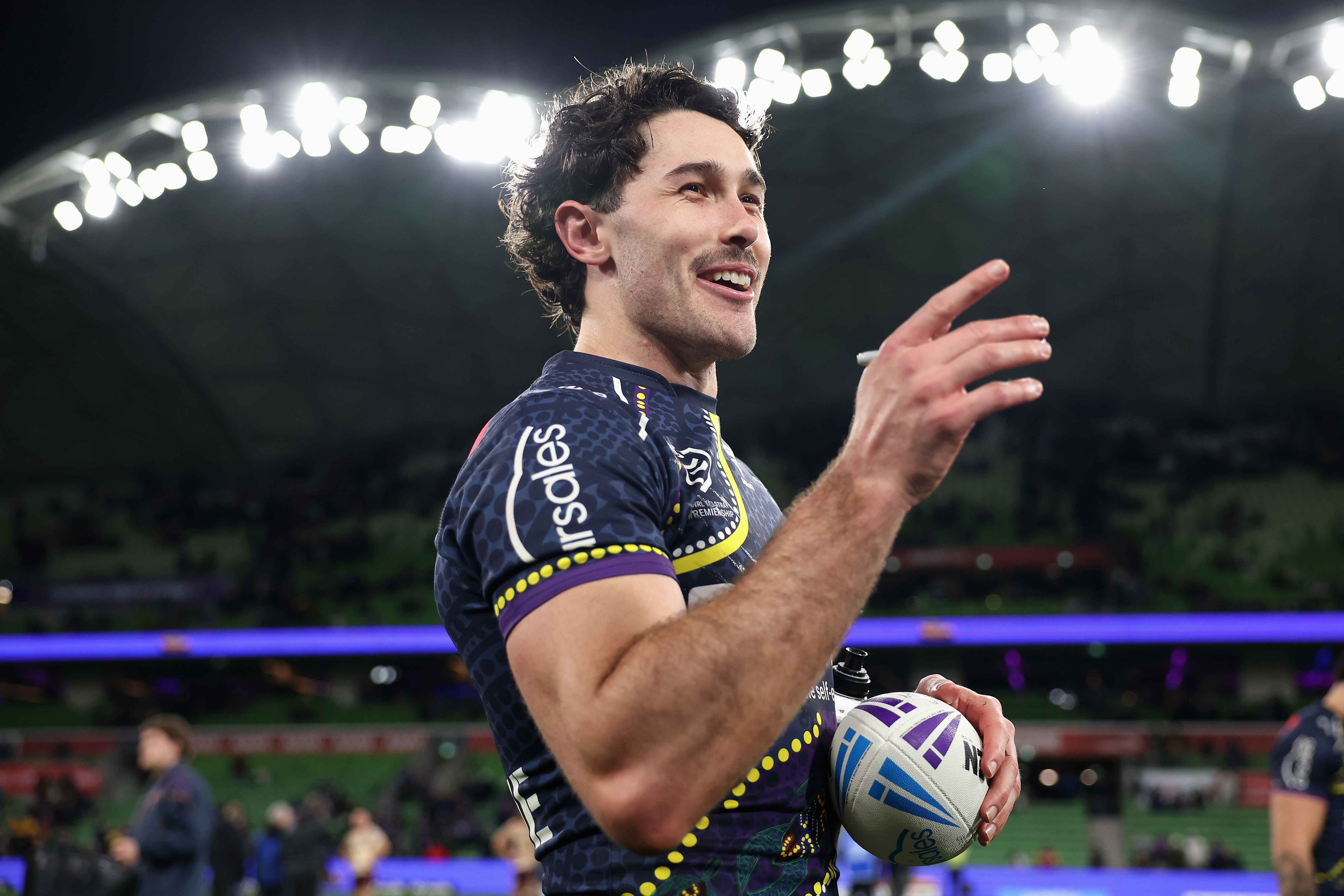 Nick Meaney of the Storm thanks fans after winning the round 23 NRL match between Melbourne Storm and Brisbane Broncos at AAMI Park, on August 07, 2025, in Melbourne, Australia. (Photo by Morgan Hancock/Getty Images)